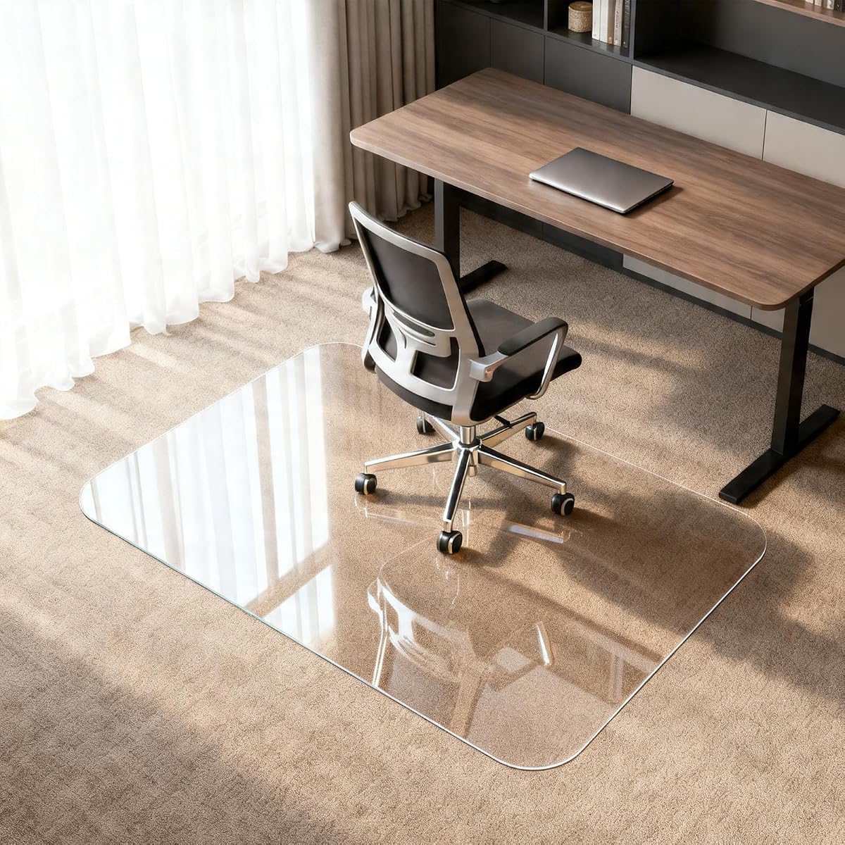 Kuyal Chair Mat for Carpet, Heavy Duty Tempered Glass Office Chair Mat | 32" x48", 1/5" Thick Computer Chair Mat with Rounded and Polished Edges, Can be Used on Carpet or Hard Floor, Ship Flat