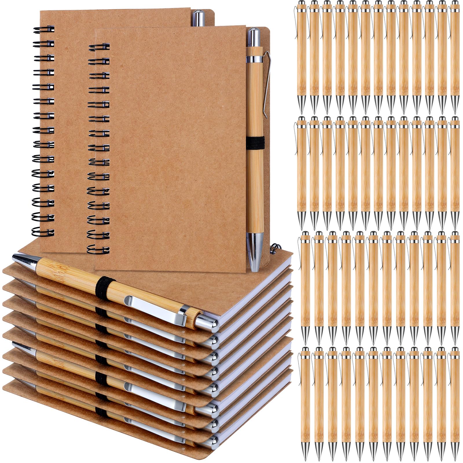 Engrowtic Set di 50 quaderni a spirale con tasca a spirale in carta kraft e penne a sfera retrattili in bambù per insegnanti, dipendenti, personale, regali di ringraziamento per colleghi scolastici