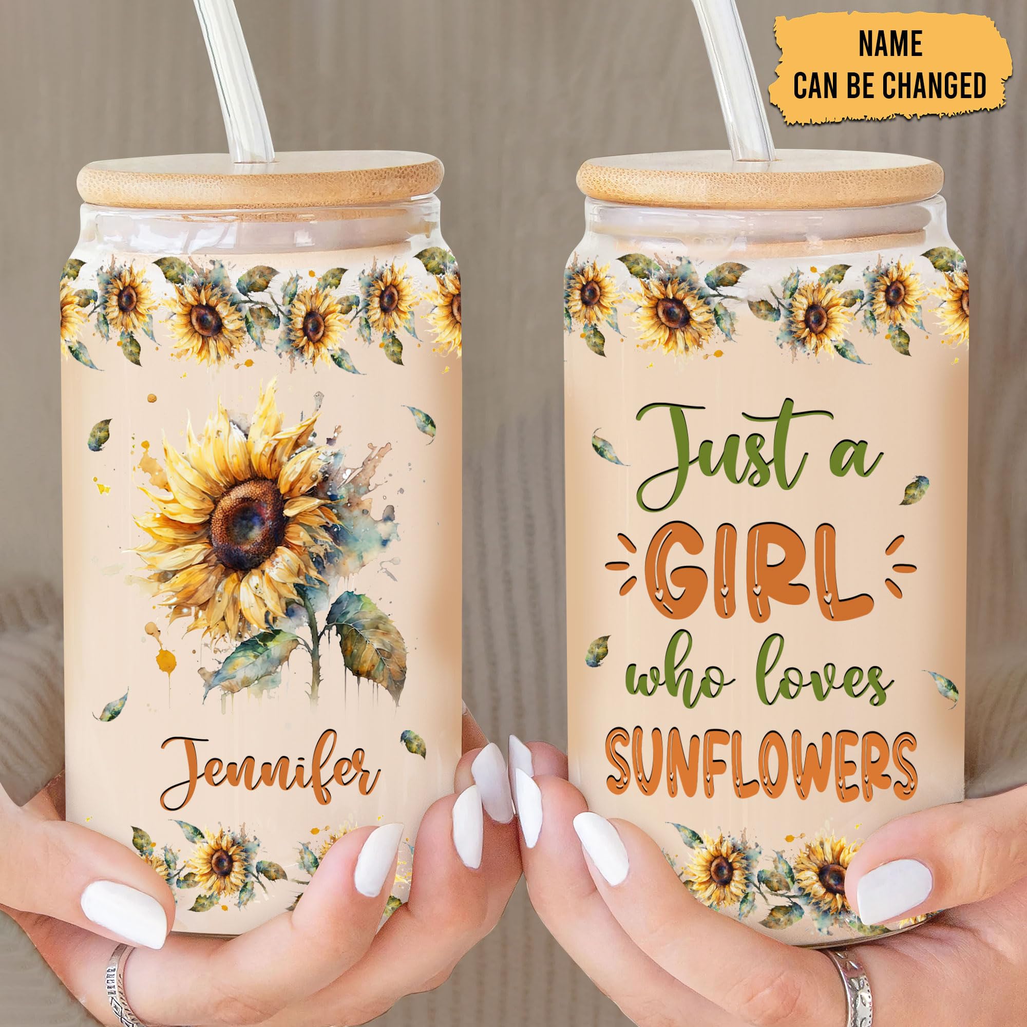 Hyturtle Personalized Glass Can Cup Gifts For Sunflower Lover - Custom Name Glass Cup 16 Oz For Her With Lids And Straws - Ideal Cute Floral Gifts For Women, Girls, Daughters On Birthday Christmas