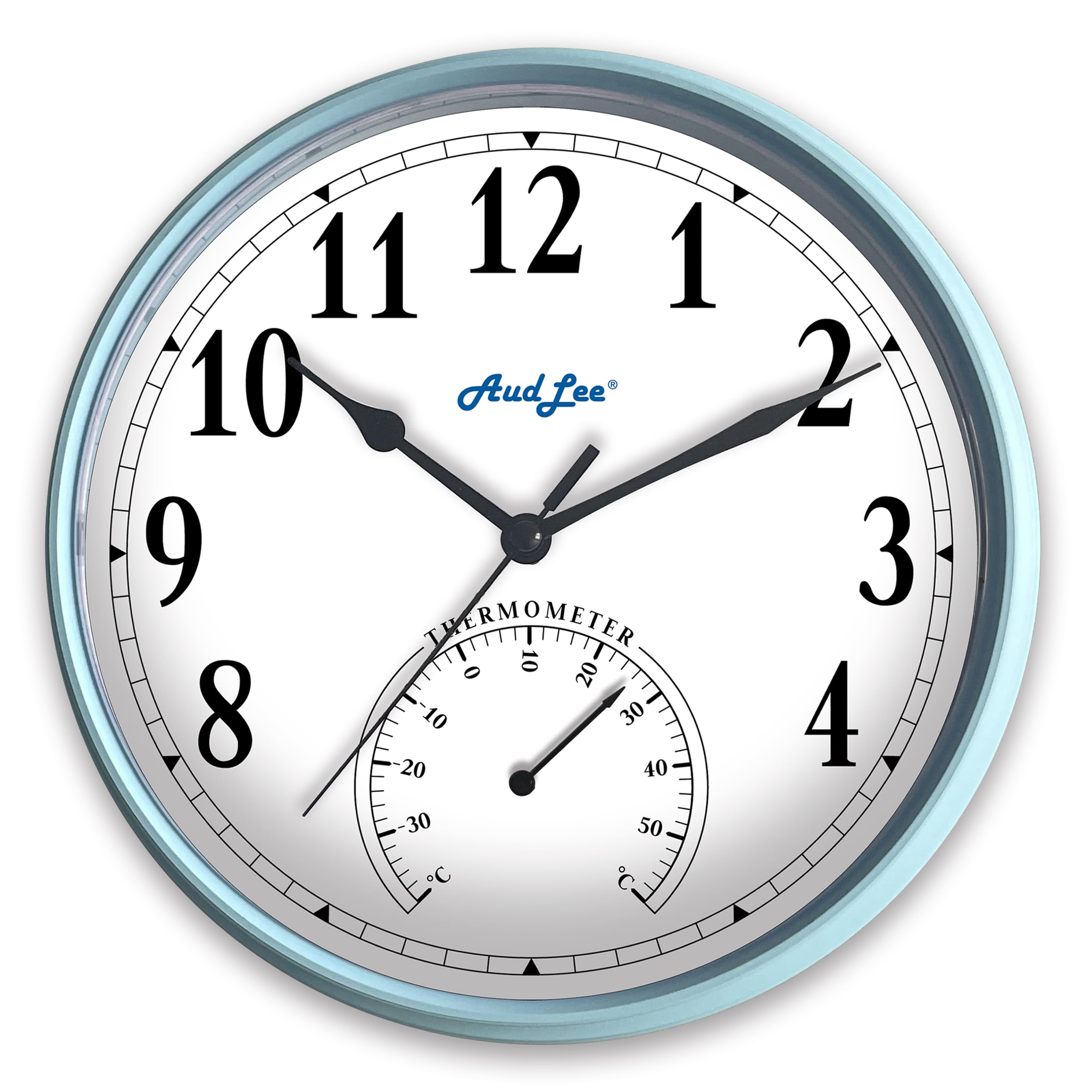 Audlee Pastel Blue (New) 25Cm Tub Indoor Wall Clock With Thermometer. Battery Operated Round Clock. Decorative Clock For Home/Office, Sweep Movement (Pastel Blue)