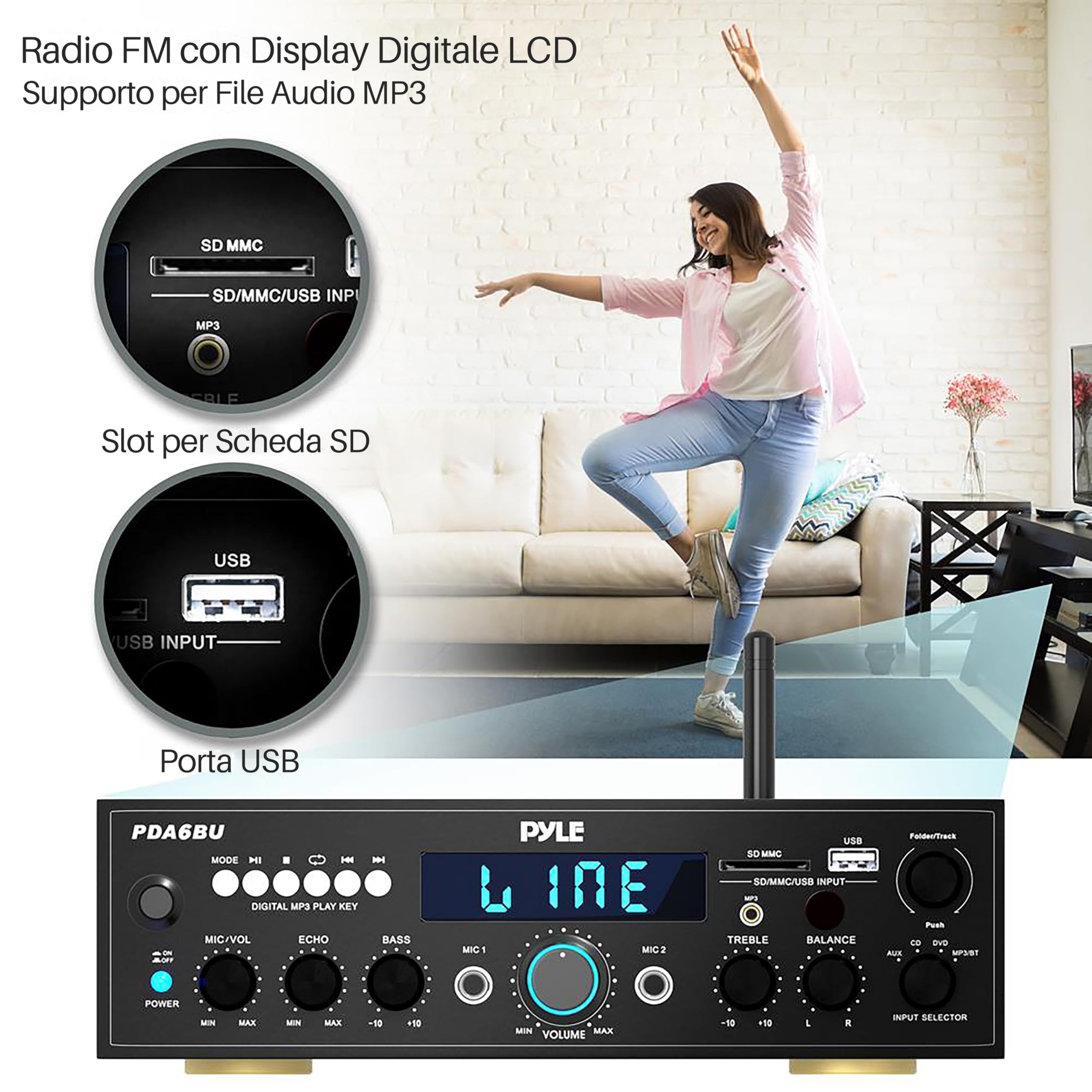 Pyle Sistema Amplificatore Audio Bluetooth, 200 Watt Potenza di Picco, Dual Channel, Audio Stereo, USB, SD, AUX, Ingresso MIC con Effetto Eco, Radio, Display LCD, Ingressi RCA