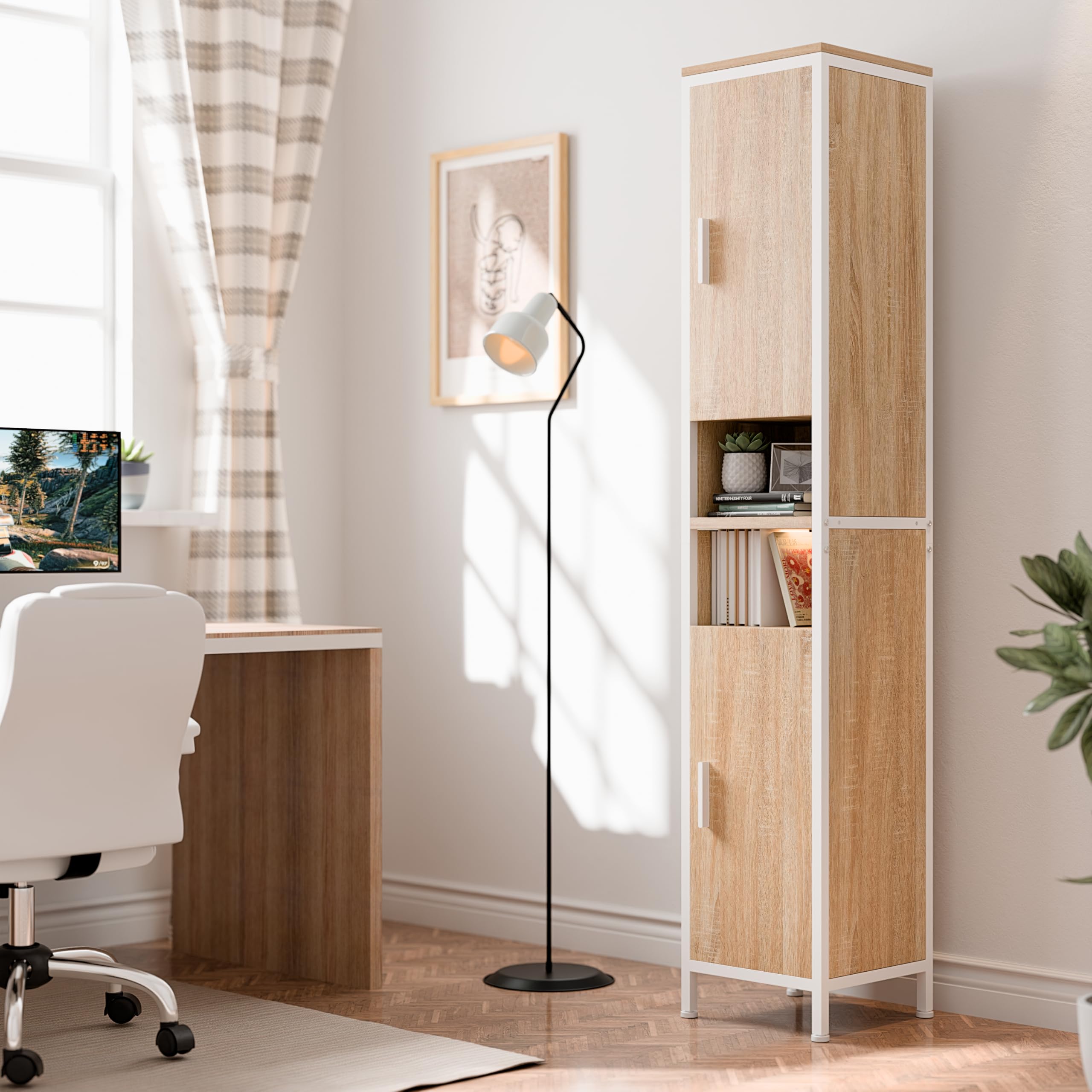ELUCHANG Mobiletto Bagno Salvaspazio,Armadio da Bagno Alto con 2 Ante, Colonna Bagno da Terra con Ripiani Regolabili,Scomparto Aperto,per Soggiorno,Bagno,Ingresso,Rovere chiaro+Bianco,30X30X174cm