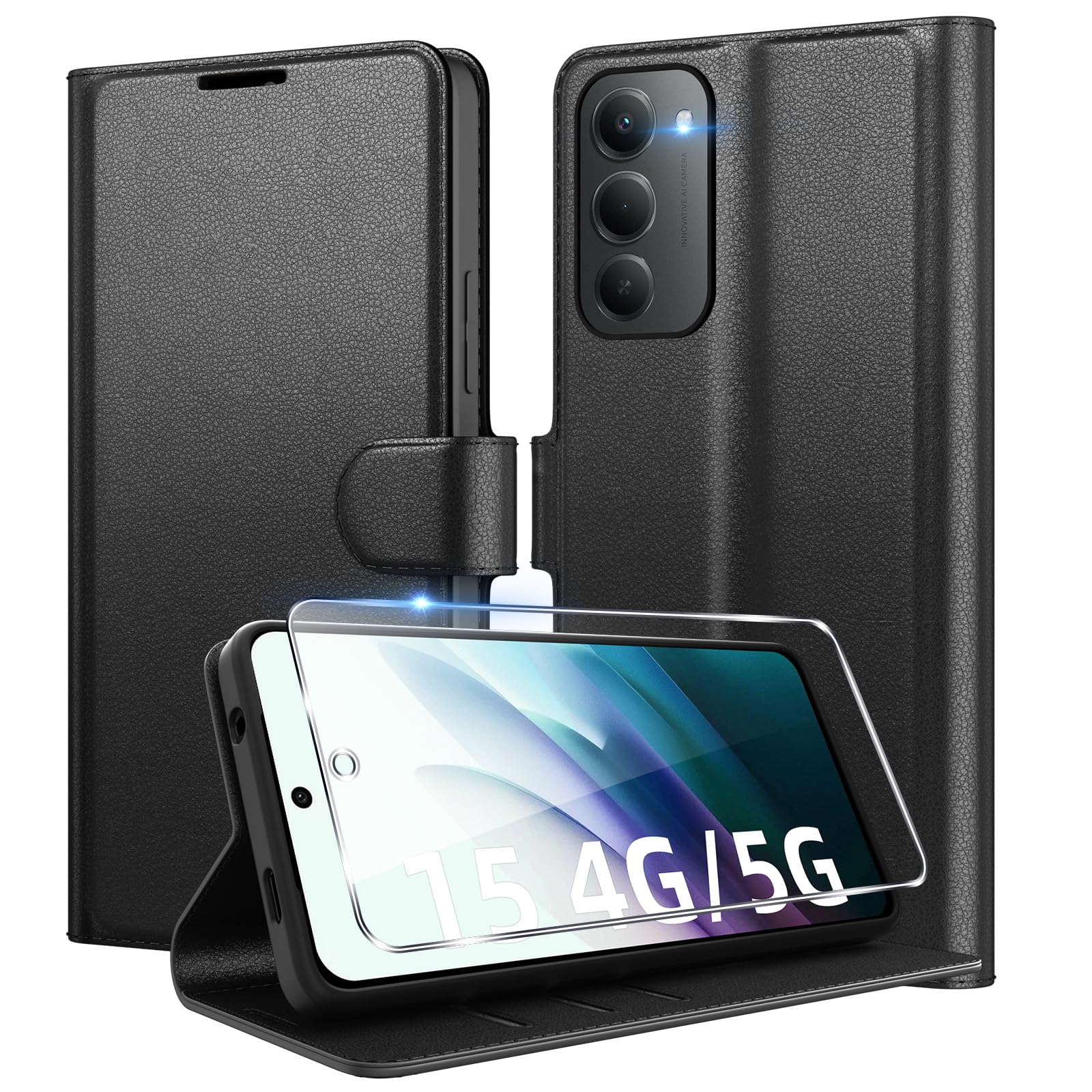 Eirltiy Cover per Xiaomi Redmi 15 4G / 5G Portafoglio Pelle PU Premium, Custodia Scomparti Carte Antiurto Protettiva Case con 1 Vetro Temperato, Nero