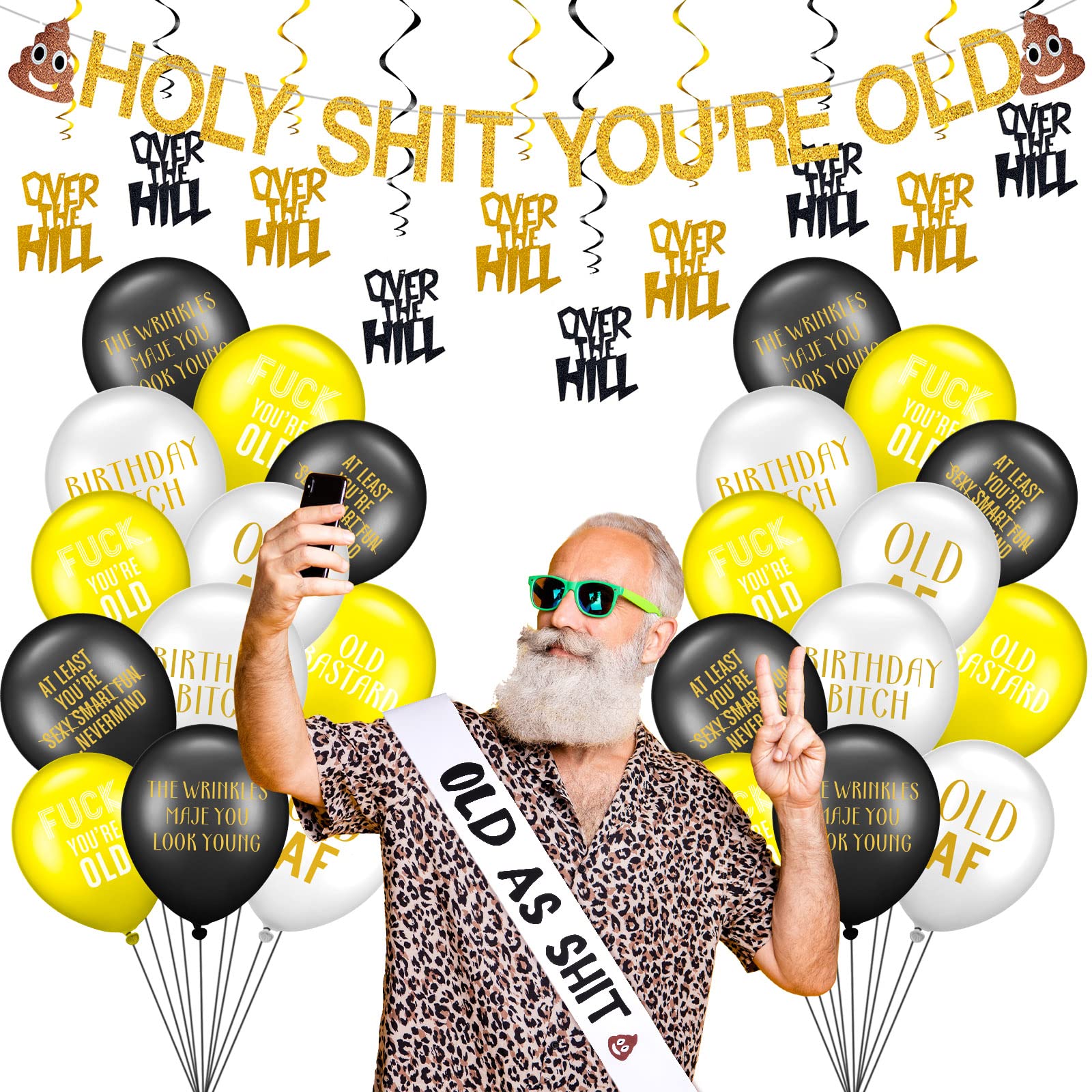 36 Pcs Holy Shit You're Old Banner Birthday Decoration Gold Glitter Banner Old As Shit White Sash Over The Hill Hanging Swirls Black and Gold Balloons Funny Old Age Birthday Retirement Party Supplies