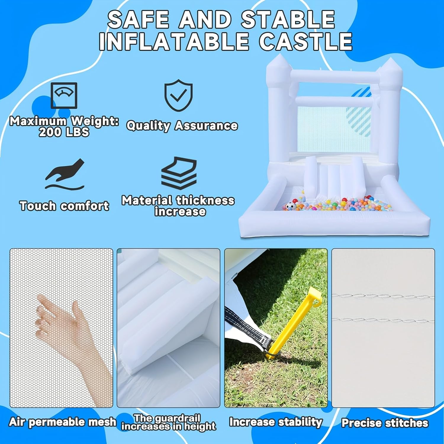 Inflatable White Bounce House Castle - Durable Oxford Material Jumping Bouncer with Blower, Perfect for Kids Birthday Party Indoor & Outdoor(12' L X 7.2' W X 7.2' H)