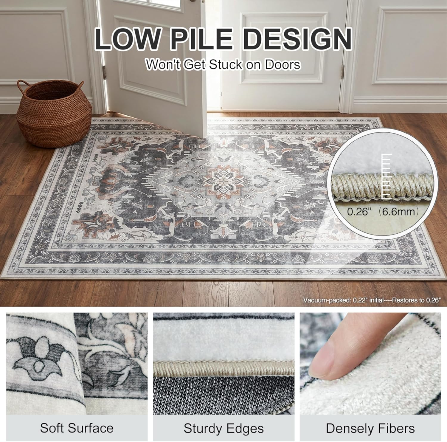 Washable Small Area Rug 2'x3', Non Slip Kitchen Entryway Rug, Water-Resistant, Pet Friendly Floor Mat for Indoor, 0.26" Low Pile, Charcoal Gray & Brown