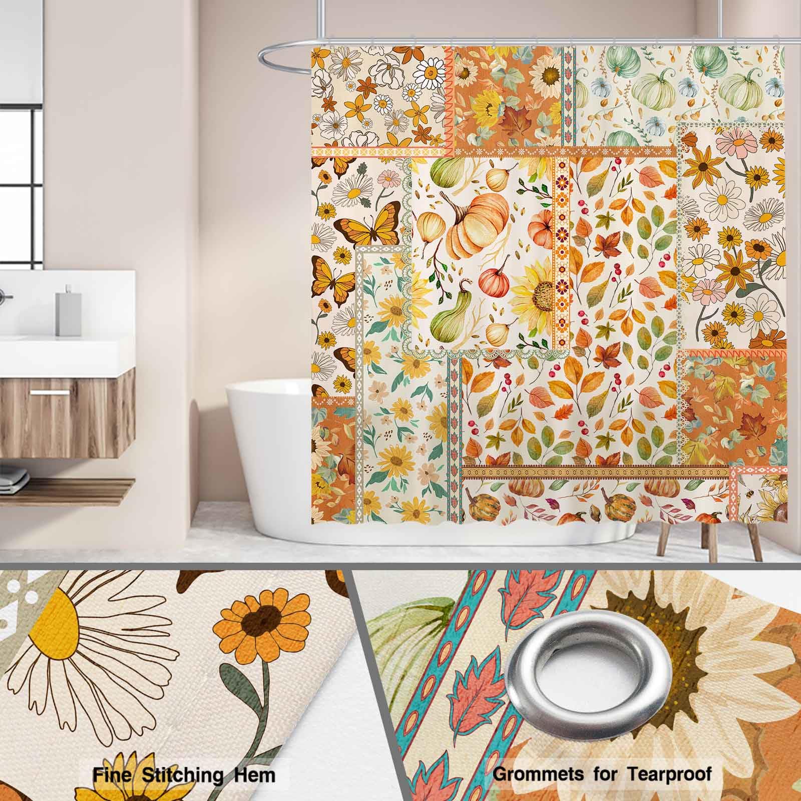 Funnytree Duschvorhang Boho-Stil – Herbstblätter & Kürbis Design, Wasserdicht, 183x183 Cm, Maschinenwaschbar