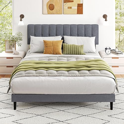 Sweetcrispy Full Size Bed Frame - Fabric Upholstered Platform Bed with Headboard, 800LBS Sturdy Wooden Slats Support, No Box Spring Needed, Noise Free, Easy Assembly, Grey