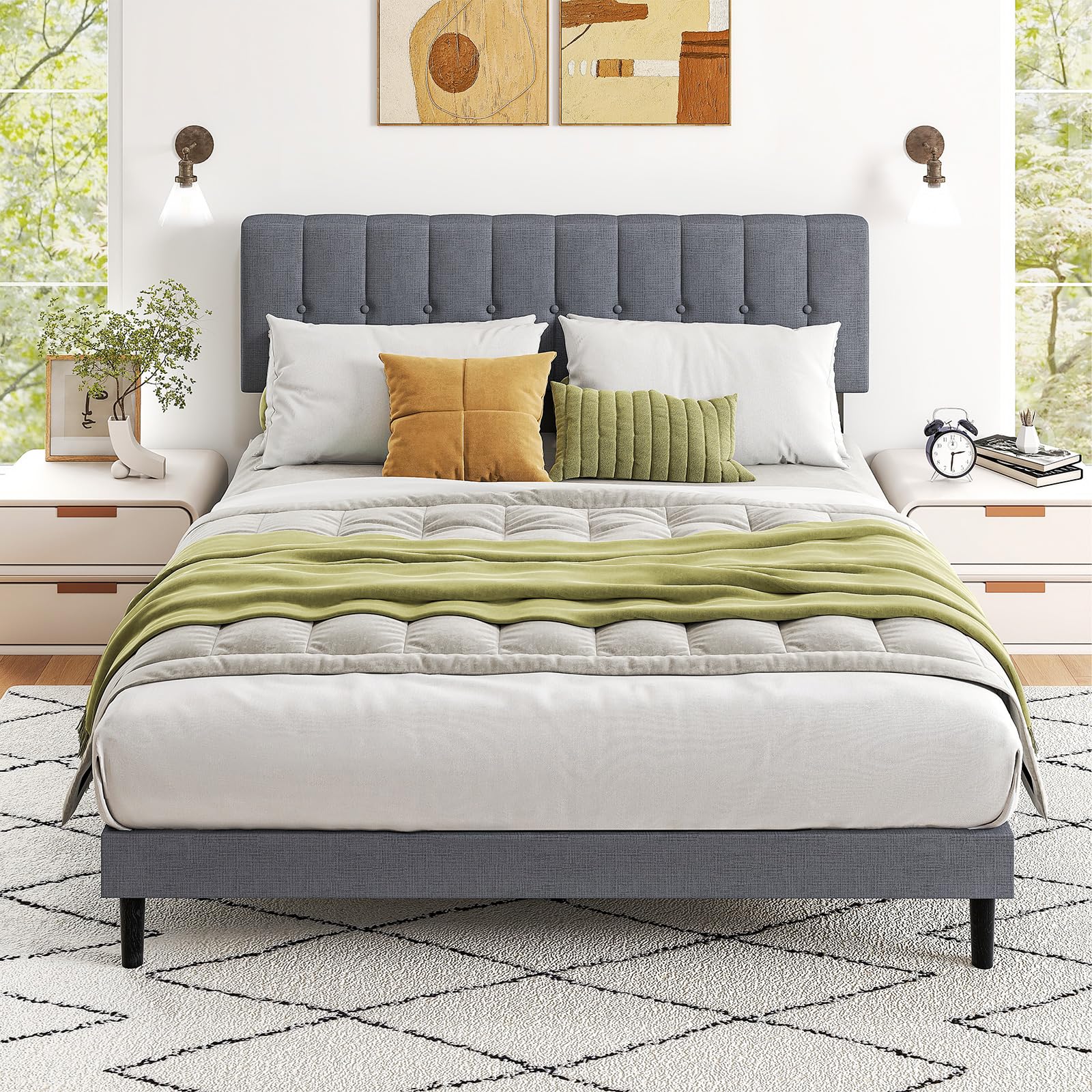 Sweetcrispy Queen Size Bed Frame with dimensions and features