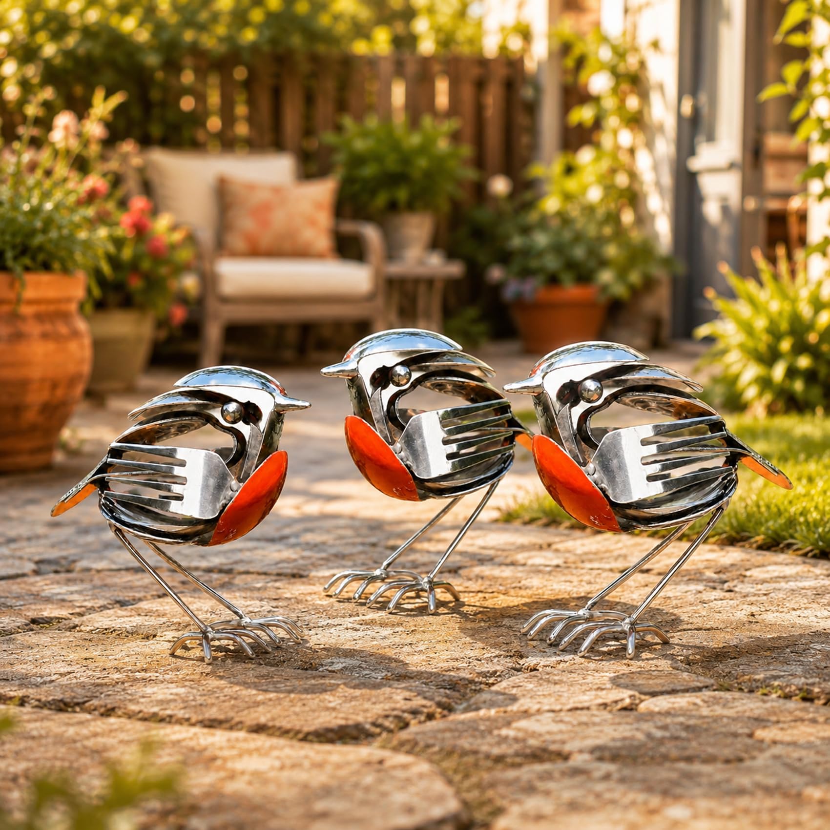 Wxshang 2026 New Upgrade Metal Robin Garden Ornament, Robin Bird Scrap Metal Art Sculpture from Recycled Fork & Spoon, Unique Cutlery Art Decor for Garden Patio Office Desk (3 Pcs)