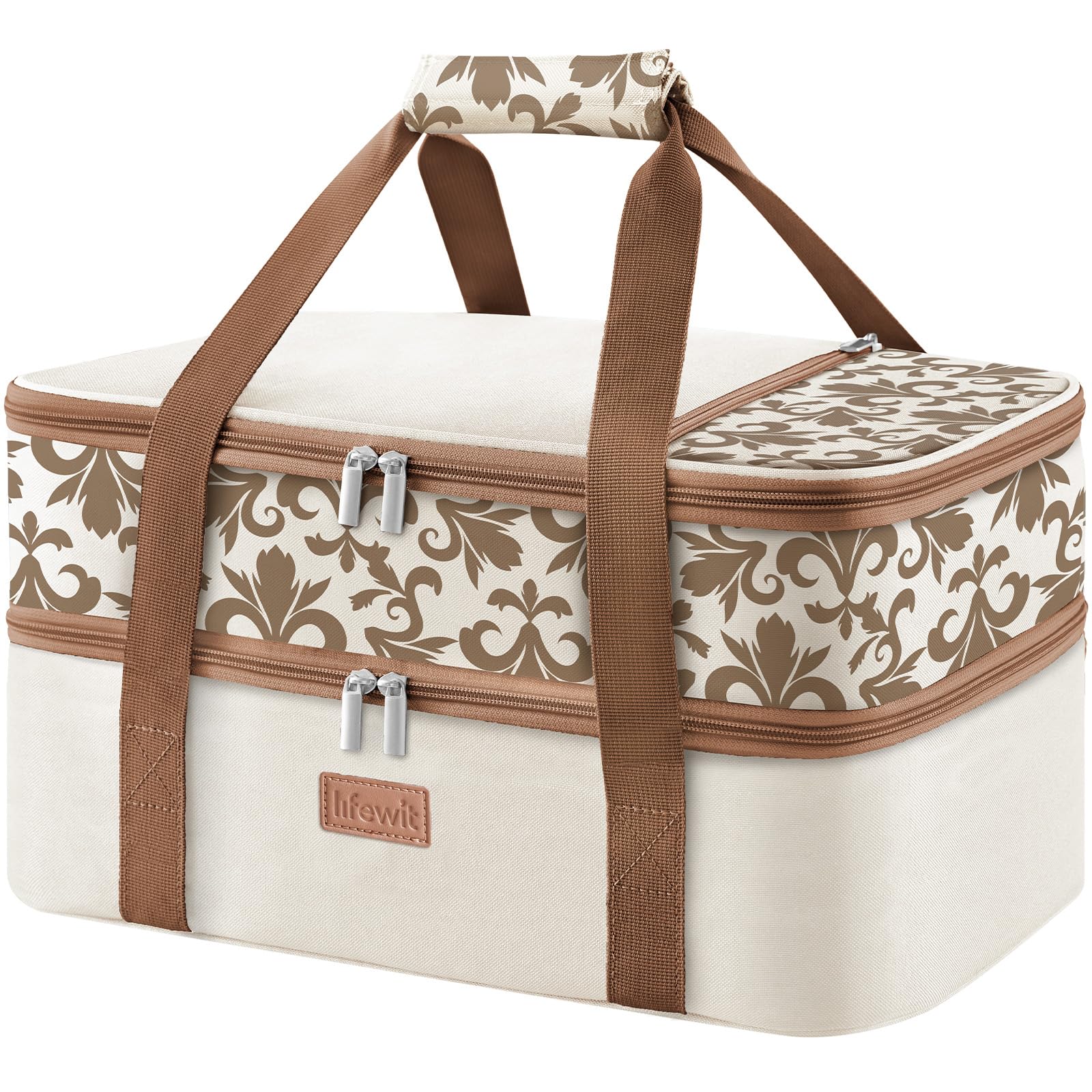 Lifewit Double Decker Casserole Carrier for Hot or Cold Food, Insulated Casserole Baking Dish Bag Food Carrier, Lasagna Holder for Potluck/Parties/Picnic/Cookouts, Fits 9"x13" Baking Dish, Cream