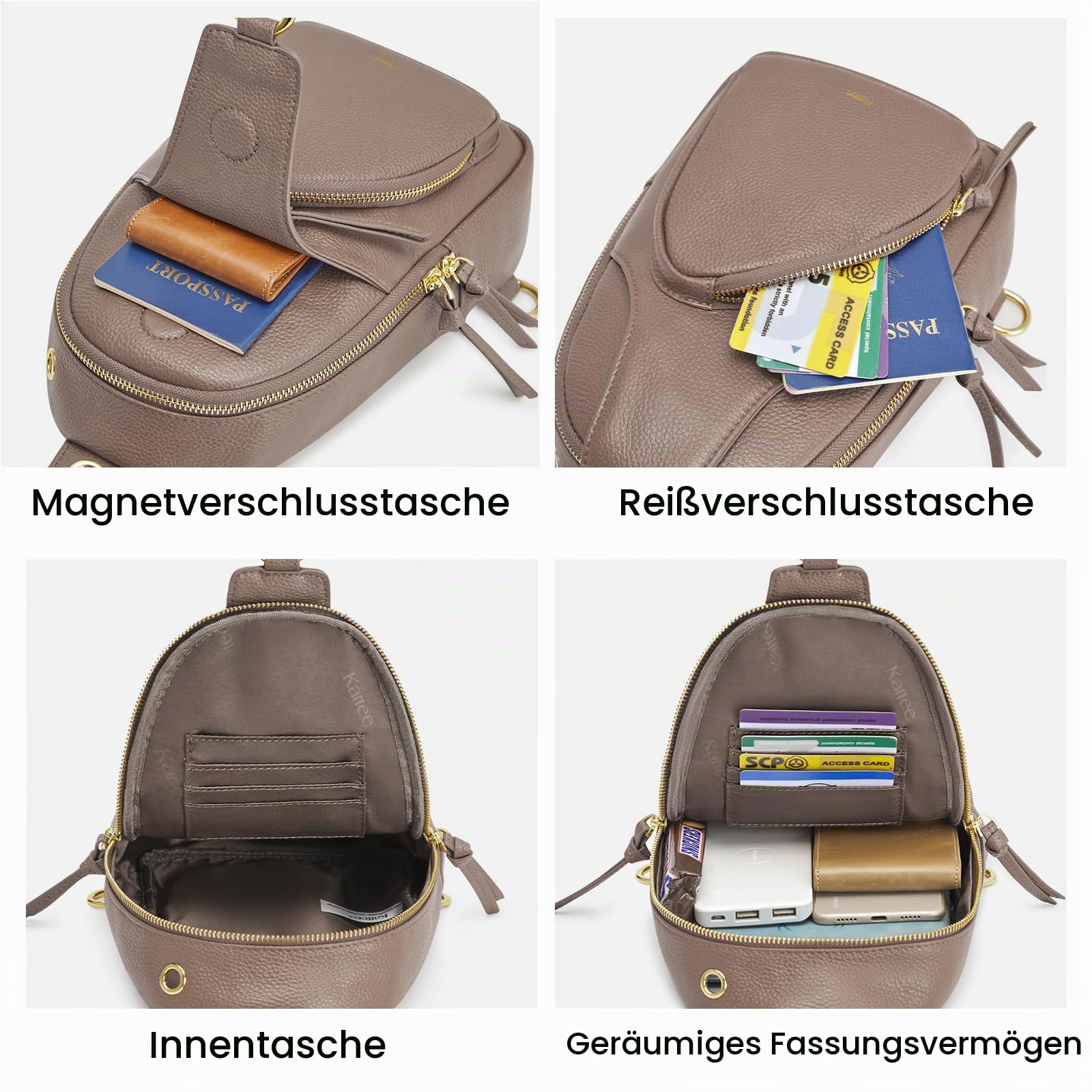 Kattee Sling Bag für Damen Gürteltasche aus Leder Kleine Brusttasche Umhängetasche mit RFID-Blockierung für Reisen und Outdoor | Gürteltasche aus genarbtem Rindsleder. Kleine Brusttasche mit RFID-Blockierung für Reisen