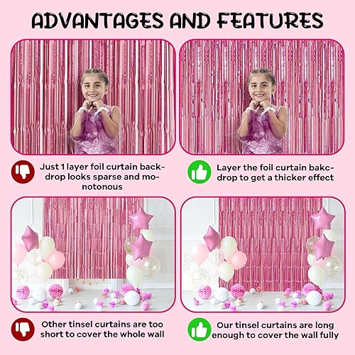 Miniatura 5 de Paquete de 3 cortinas de fondo de flecos de papel de aluminio, serpentinas de oropel rosa láser para niñas y mujeres, cumpleaños, graduación, baby