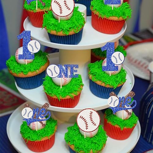 Miniatura 3 de Rsstarxi Paquete de 24 adornos para cupcakes de béisbol con purpurina para primer cumpleaños, decoración para cupcakes, temática deportiva, baby