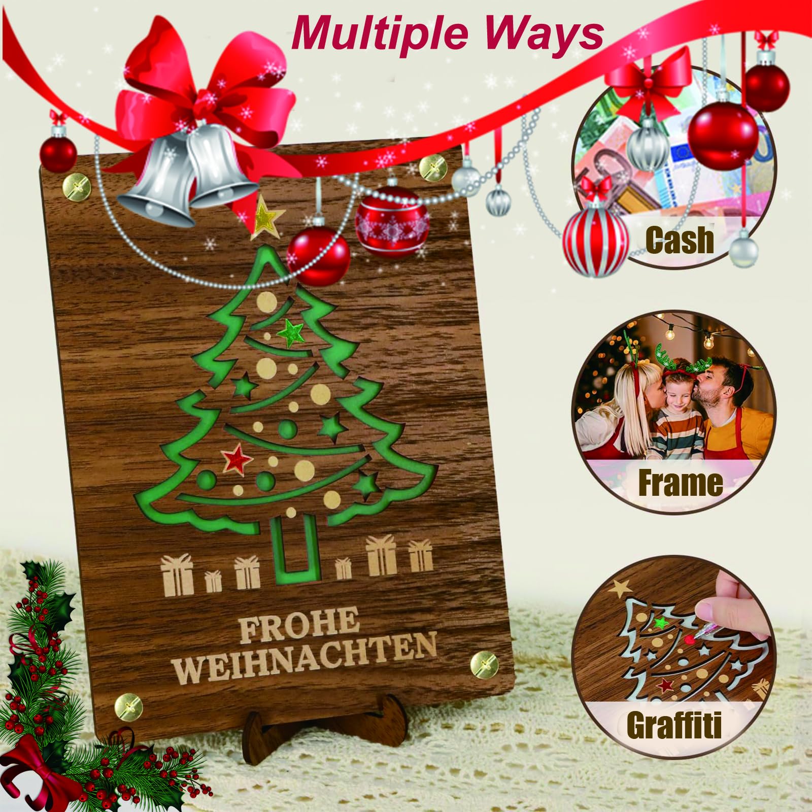 Jukibole Biglietto di Natale in legno, confezione regalo in denaro, con supporto, con ringraziamento, XL (20 x 15 cm), confezione regalo in legno, Natale, biglietto di Natale per famiglia e amici