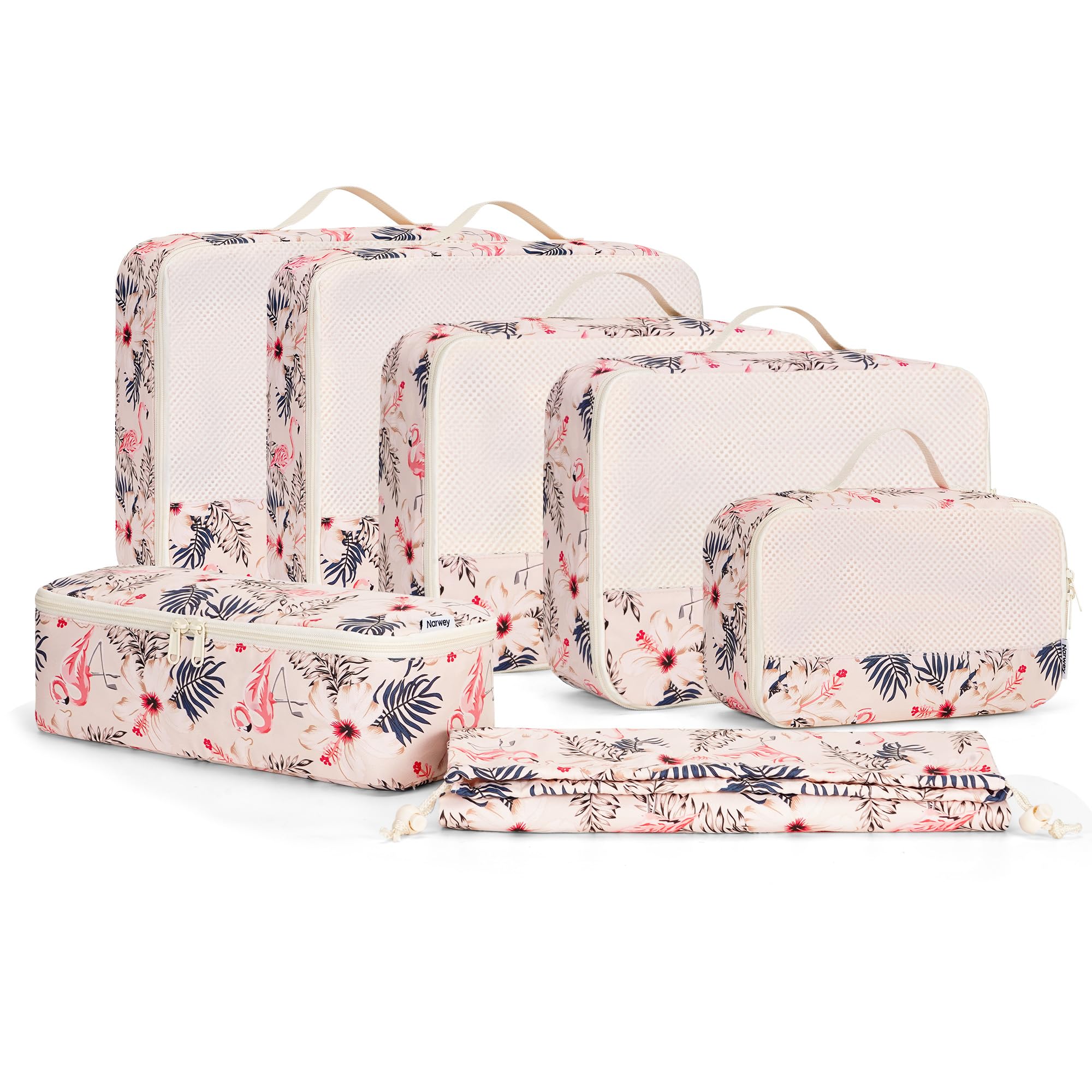 Narwey Organizer Valigia 7 Pezzi Set Packing Cubes, Organizer Valigia Viaggio Salvaspazio, Viaggio Accessori Utili per Vestiti Scarpe Deposito per Viaggiare (Beige Flamingo)