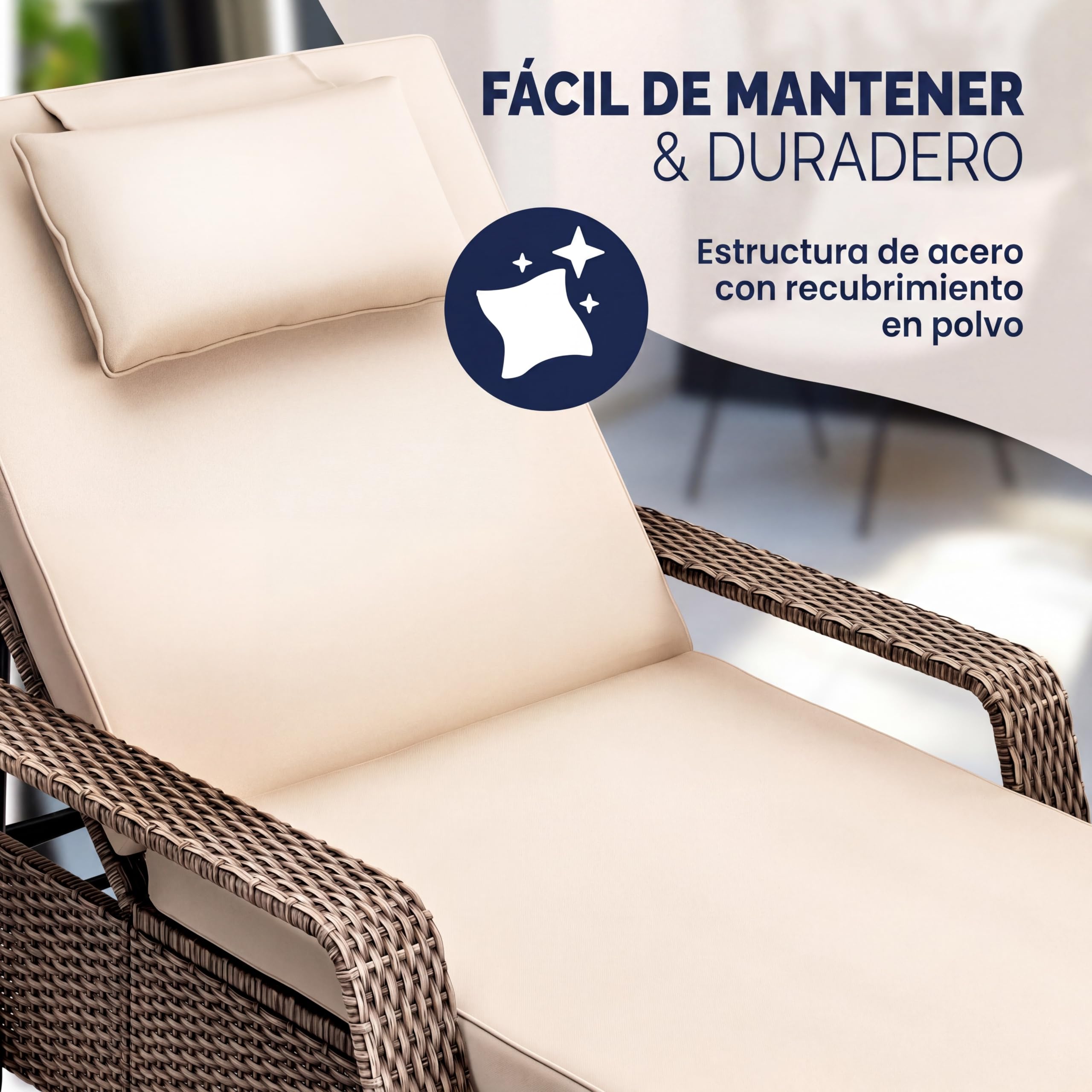 CASARIA® Tumbona Jardín Poliratán hasta 160kg 193x90cm Respaldo Regulable Acolchado 7cm Cojín 2 Ruedas Crema | Tumbona de jardín, resistente a la intemperie, soporta 165 kg, terraza, balcón, tumbona reclinable, polirratán