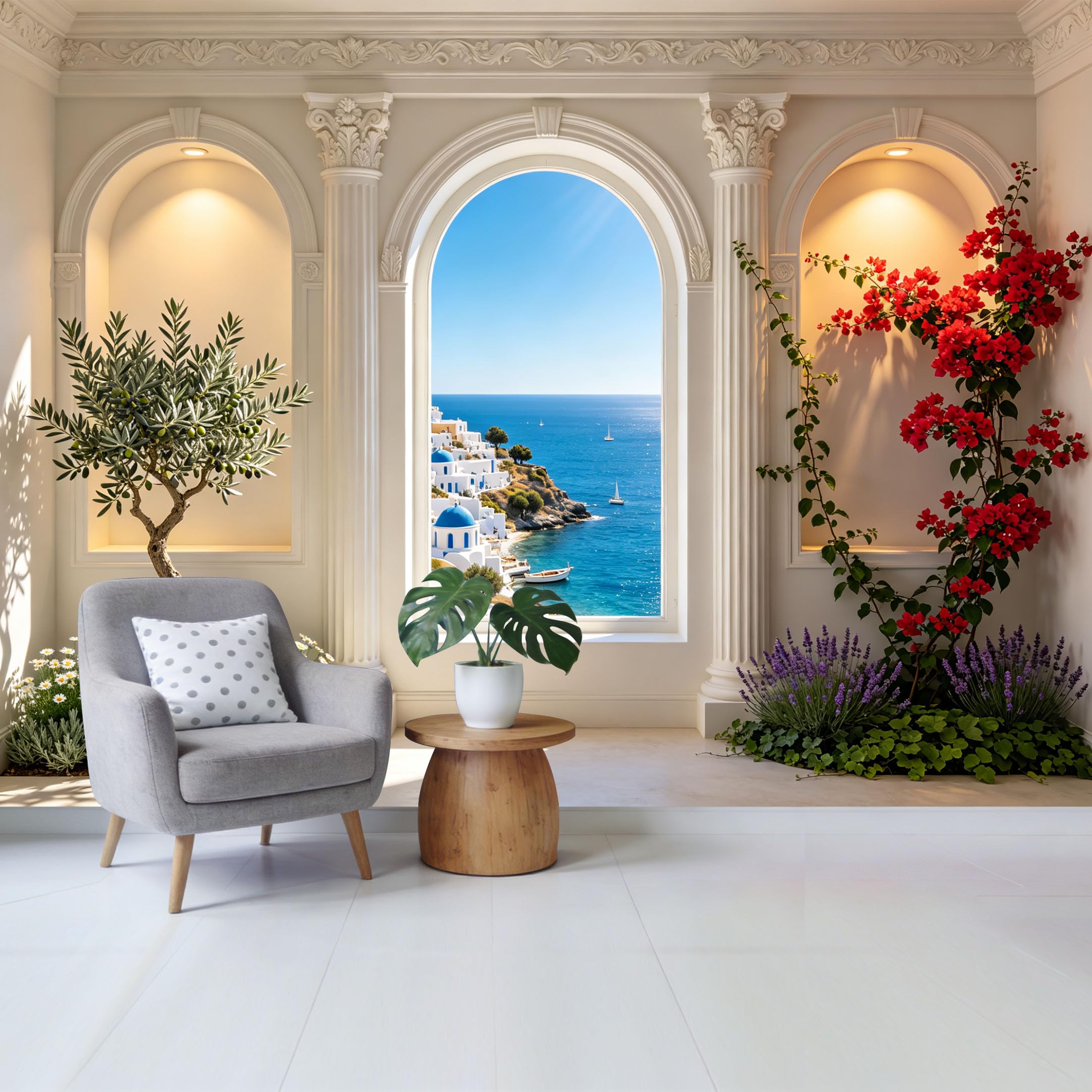 Custom Size Wall Mural Mediterranean Coastal Seaside Village View Arch Window Bougainvillea Olive Tree Landscape Removable Self Adhesive Fabric Home Wall Decor for Living Room Bedroom