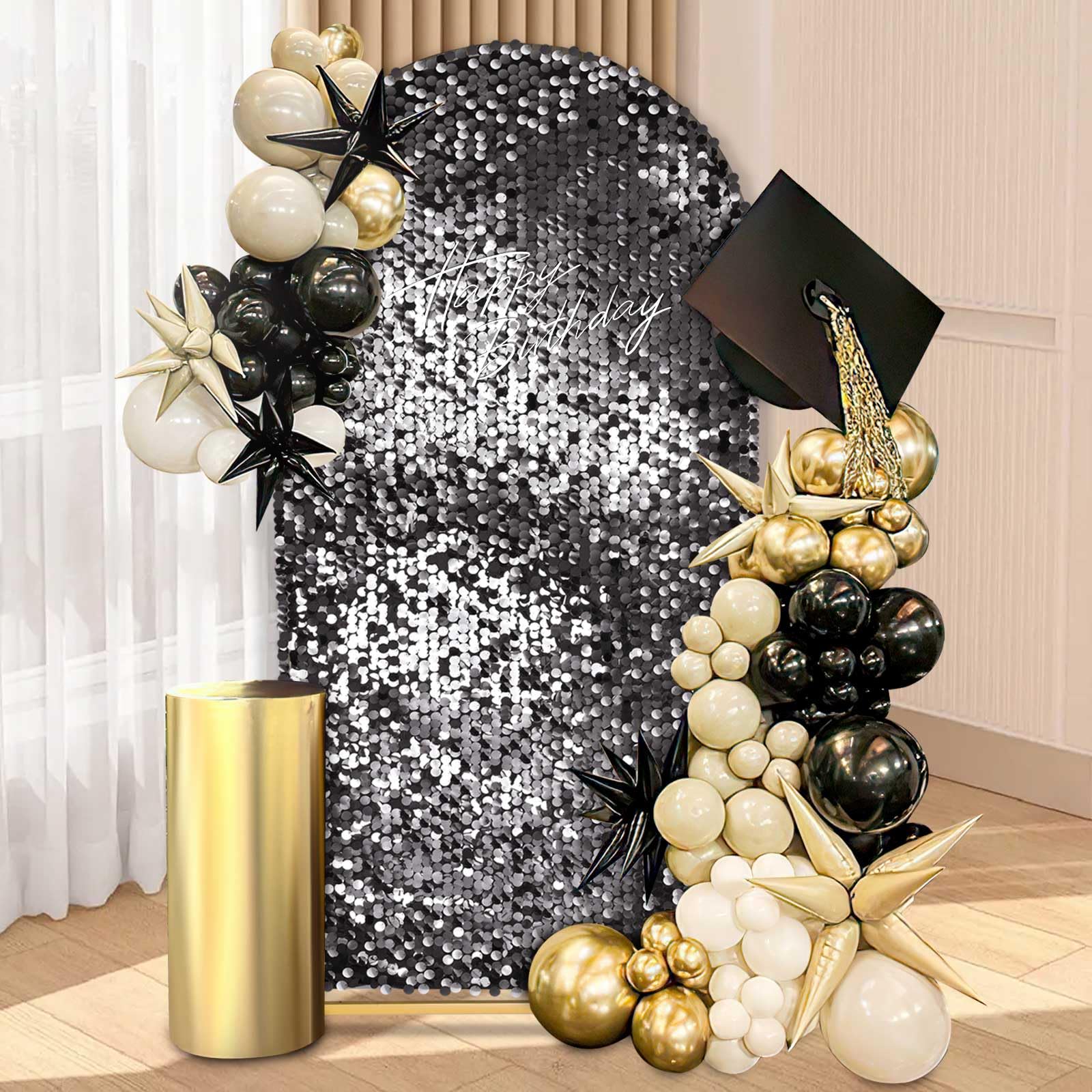 Copertura per sfondo con paillettes nere, 2 m: copertura per arco in tessuto Payette glitterato per feste di compleanno e baby shower