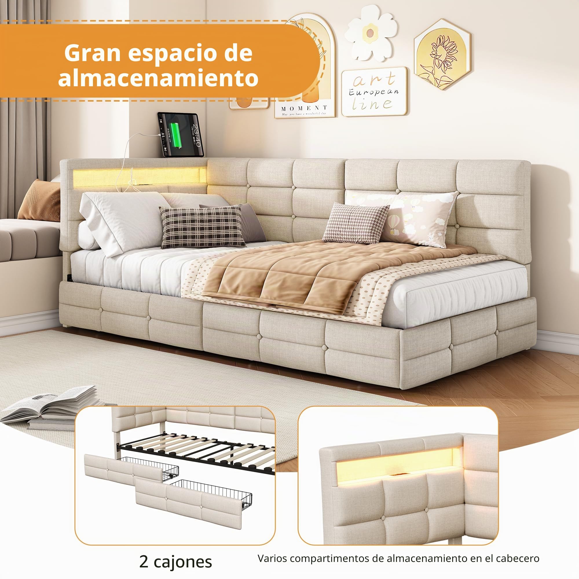 BRILVERDE Cama con almacenamiento de 90 x 200 cm con cajones, cama acolchada con luz LED/USB, sofá cama con cabecero contenedor, somier de láminas, lino (beige, 90 x 200 cm)