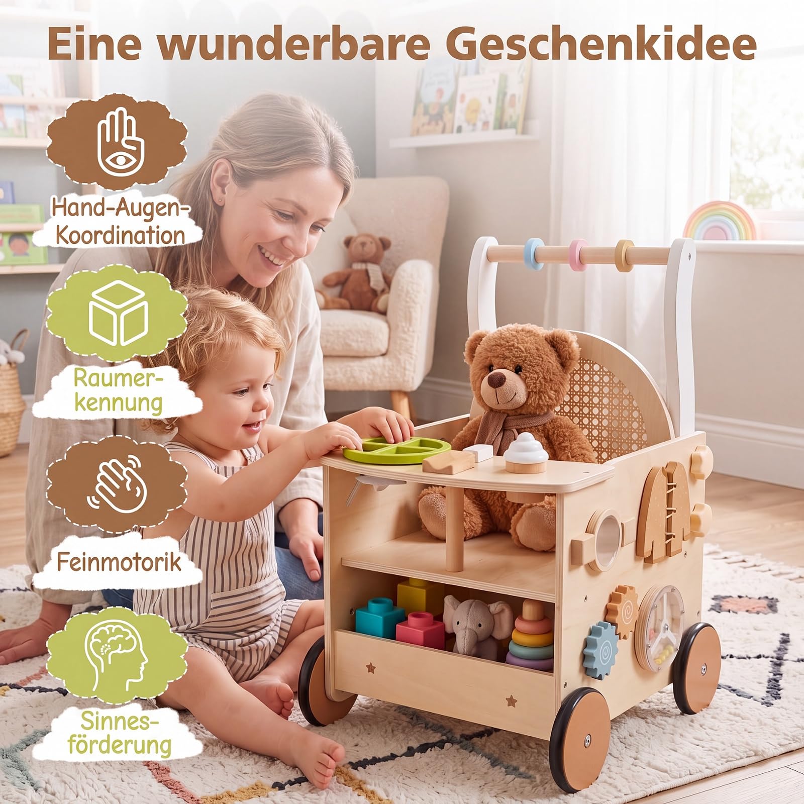 COSTWAY Montessori Baby wózek do nauki chodzenia z drewna, wielofunkcyjny | Baby Walker z wielofunkcyjnym centrum aktywności, zabawka do biegania z kółkami i schowkiem, dla chłopców i dziewczynek od 1