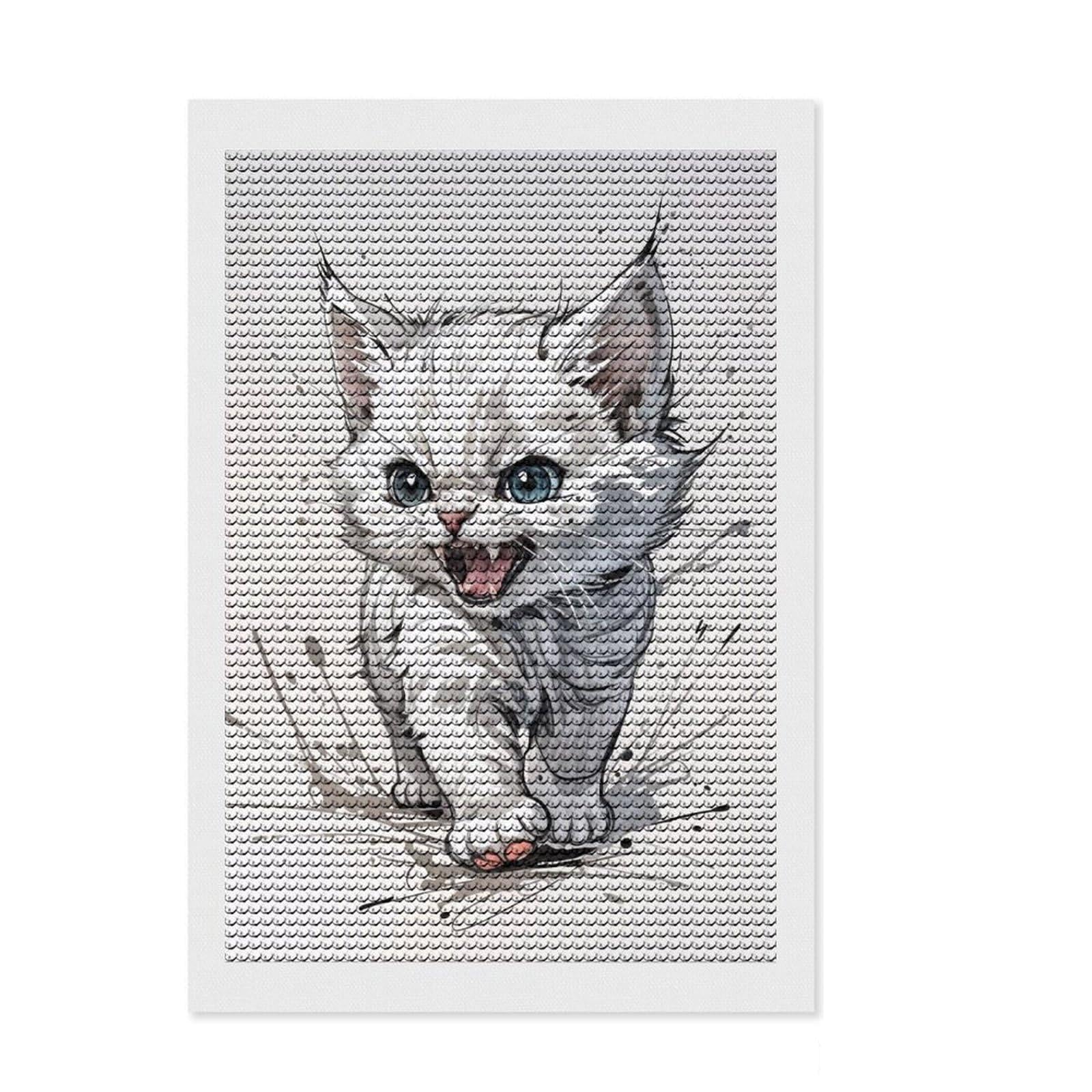 Junmoney Angry White Kitten DIY Diamond Art Canvas Kit 8"x12", for Beginners, Simple to Start, Aesthetic Room Decor, Holiday Gift Idea