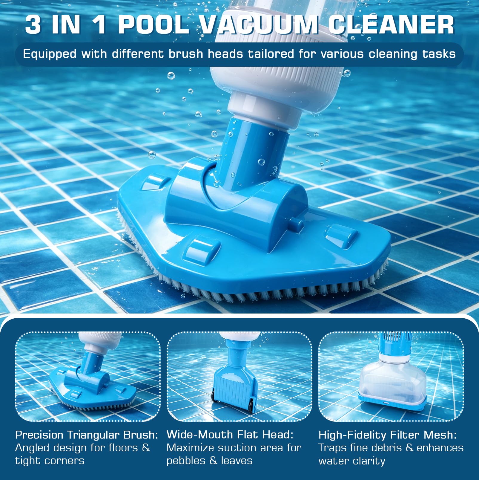 Aspirapolvere per Piscina Senza Fili con Batteria 3 in 1 | aspiratore per piscina senza fili, Asta Telescopica, Durata fino a 90 Minuti, Ricaricabile, Con Filtro per Vasche