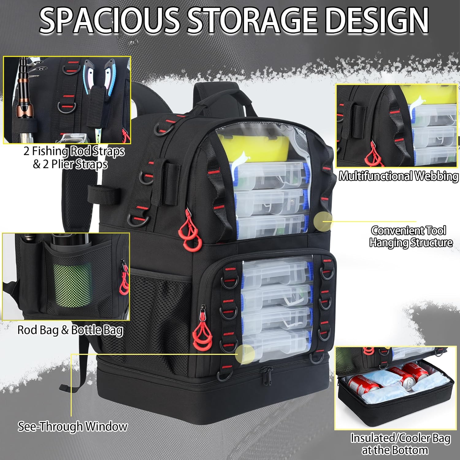 Fishing Tackle Backpack with 4 Tackle Boxes,45L Large Tackle Bag with 2 Rod Holders & Clear Window,Outdoor Fishing Backpack for Camping,Hiking,Black