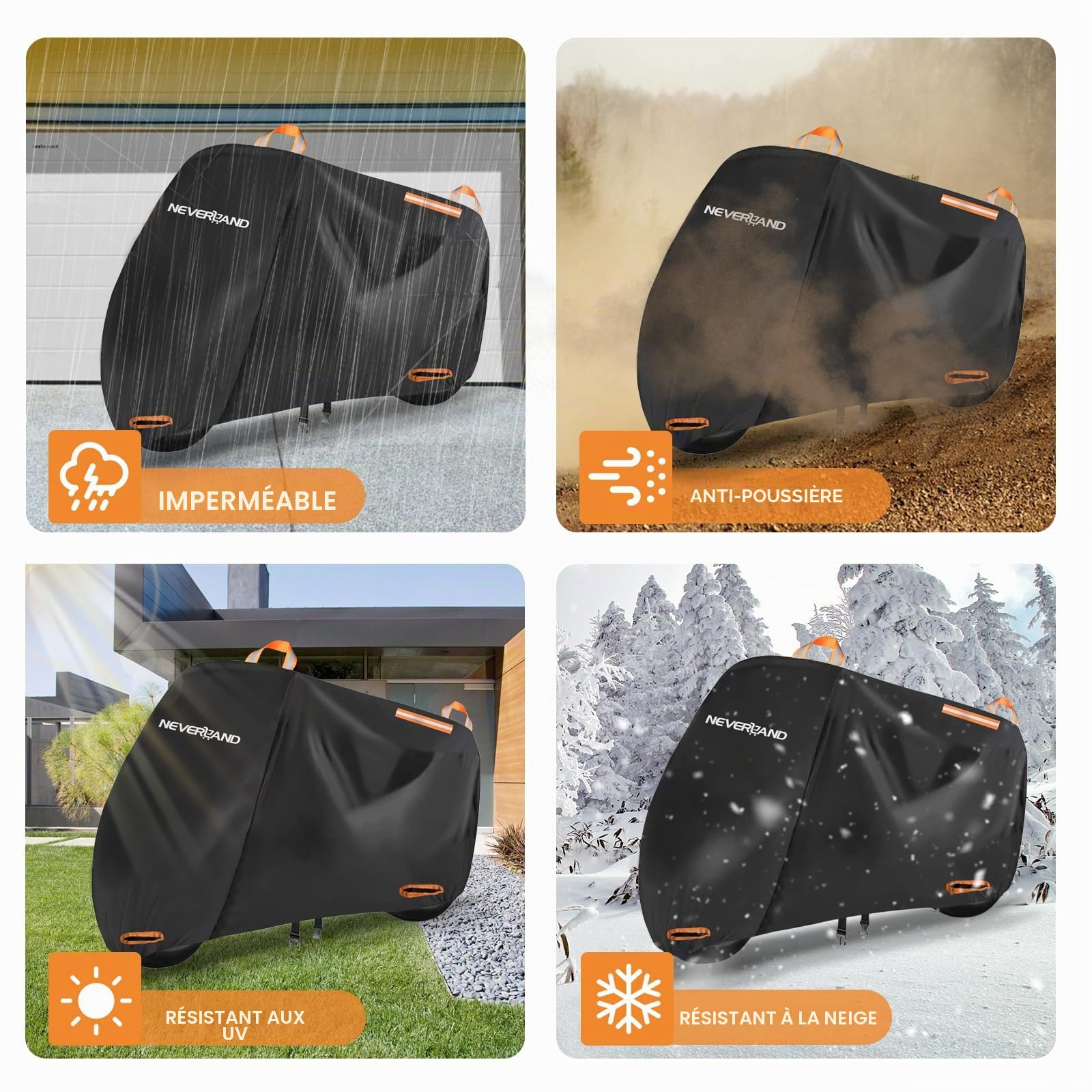 NEVERLAND Bâche Moto Imperméable, Oxford 210D Housse Moto, 295x110x140cm | Bache Moto Exterieur Etanche avec Bandes Réfléchissantes, Protection pluie, UV, poussière pour Moto et Scooter