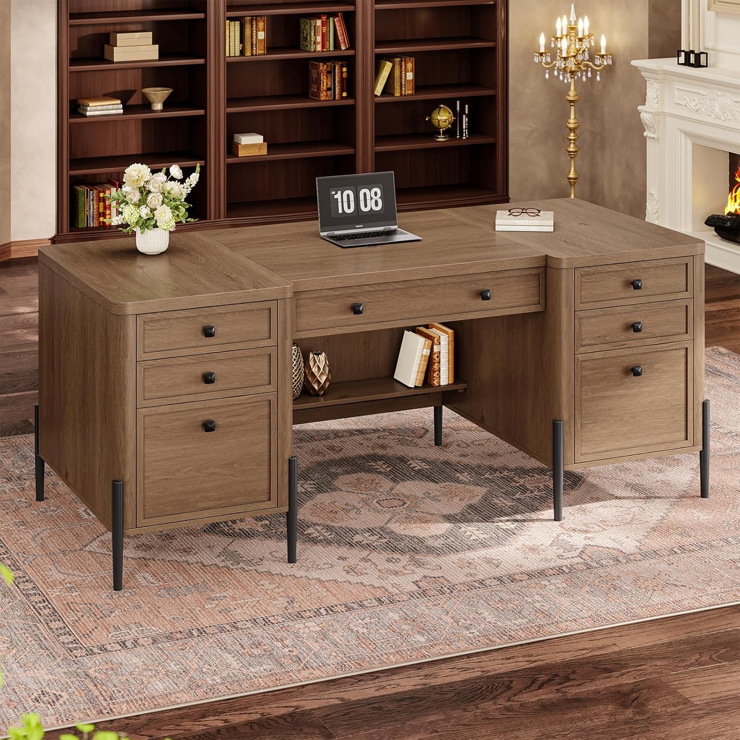 63" Executive Desk with 5 Drawers, Farmhouse Home Office Desks with 2 Storage Cabinet and Keyboard Tray, Large Boss Desk with Privacy Panel, Modern Table with Open Shelf and File Drawer