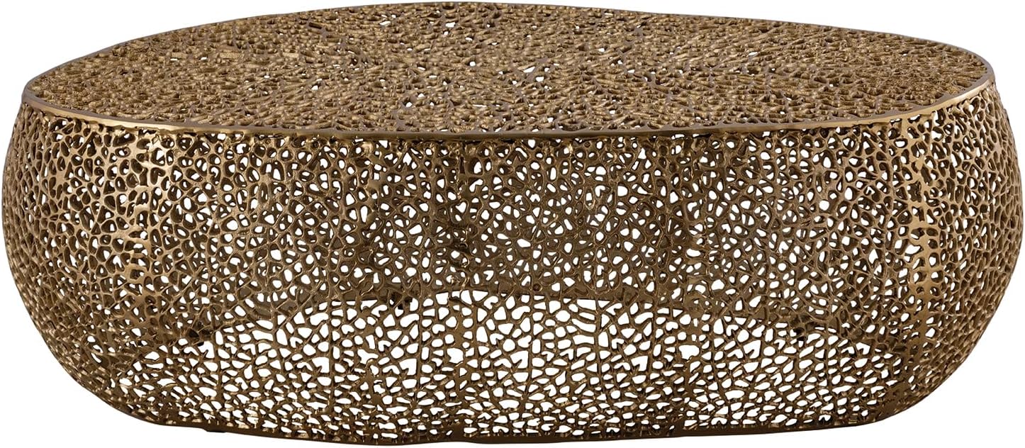 Oval Coffee Table with Iron Hollow Design in Black & Silver & Gold,Drum Tea Central Table for Living Room No Assemble