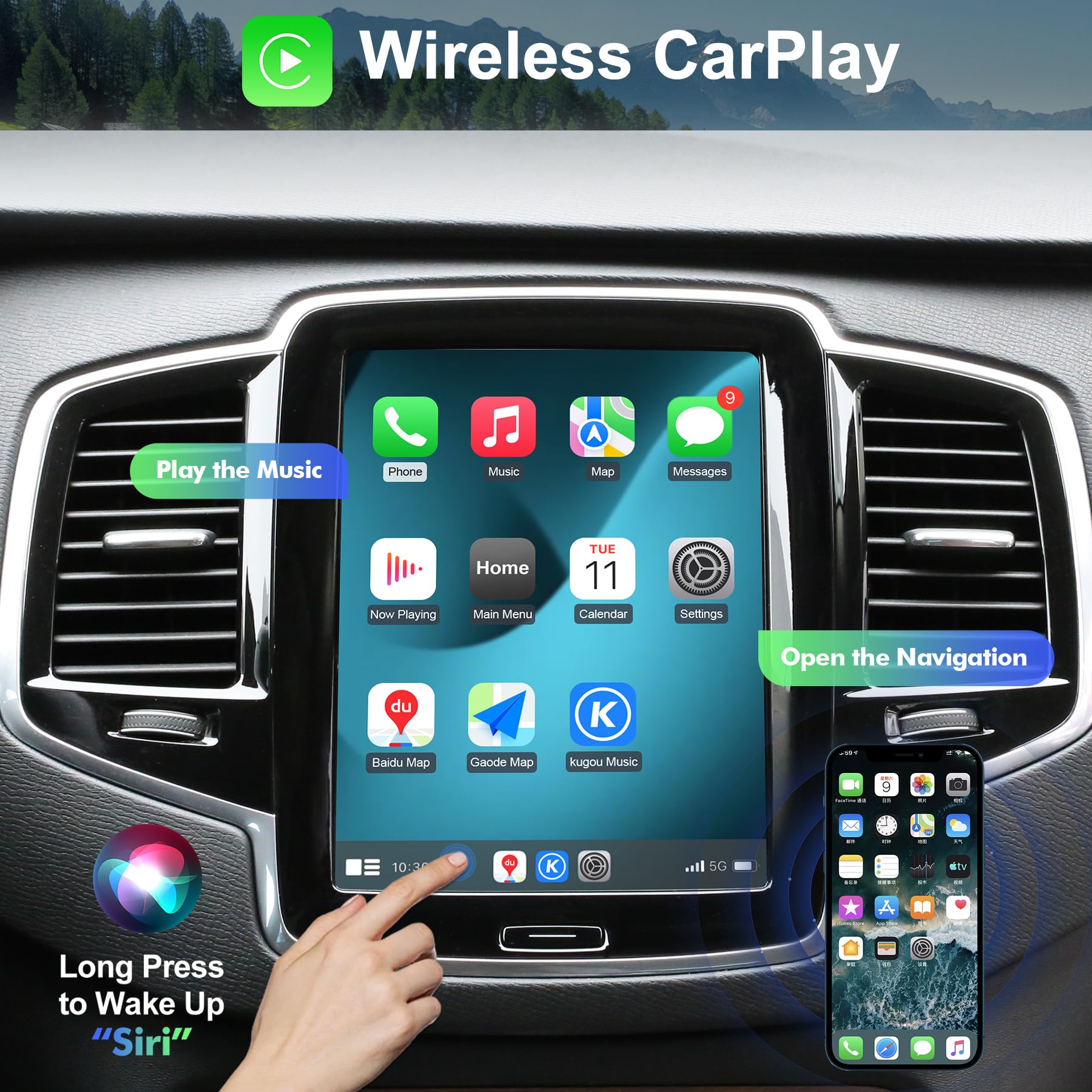 Module Carplay Android Auto V2 sans Fil à écran Vertical Complet pour Volvo XC90/XC60/XC40/S90/S60/V60/V40 Sensus Upgrade, connectivité Transparente à écran Vertical