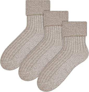 3 Pairs Womens Wool Bed Socks | Steven | Breathable Warm Cozy Lounge Sleep Socks 4-6, Beige