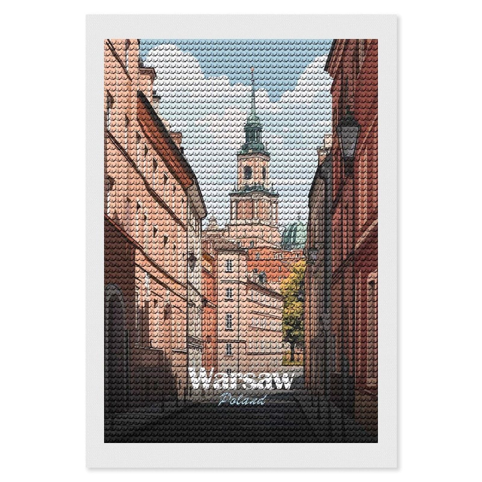 Junmoney Warsaw, Poland Cityscape Diamond Painting Canvas Kit 8"x12", Round Gems, Living Room Decor, Seasonal Gift Choice, Modern Decor
