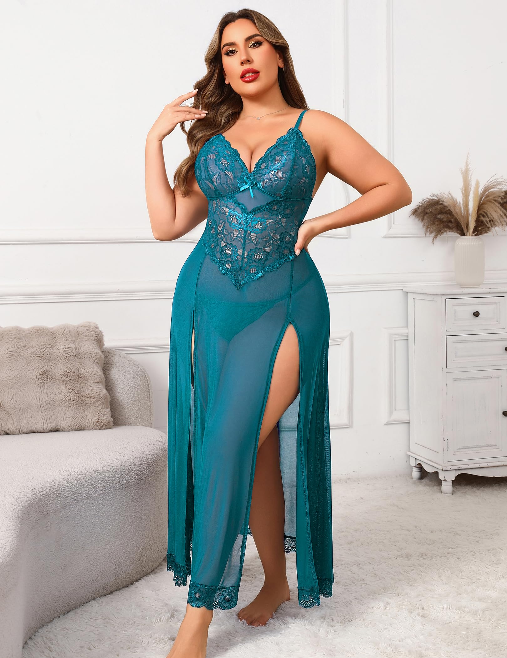 Avidlove Plus Size Lingerie for Women Sexy Lace Babydoll Long Lingerie Dress Side Split Nightgown: Blue Green X-Large