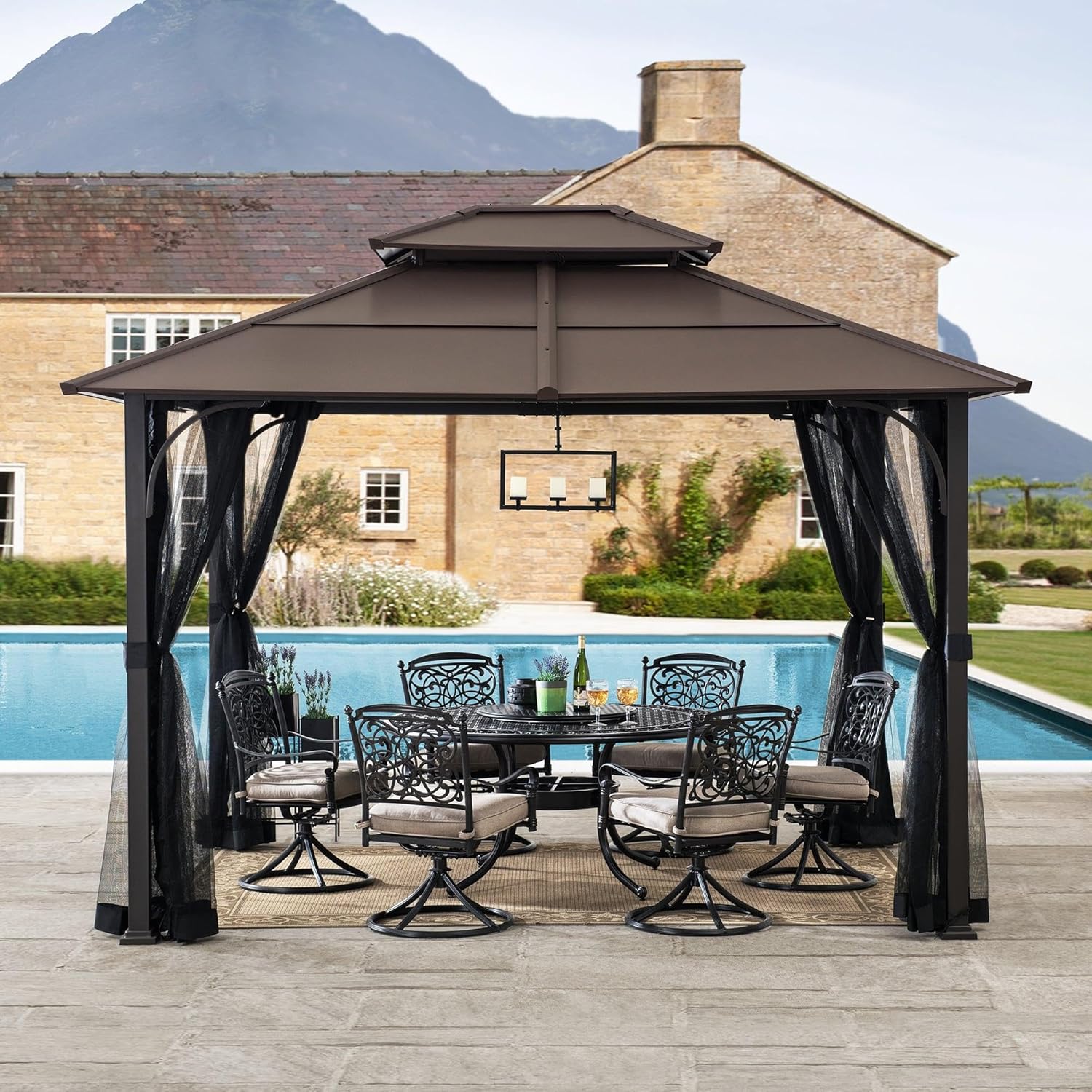 Sunjoy Hardtop Gazebo 10 x 12 ft. Outdoor Heavy Duty Steel Frame, Double Tiered Metal Gazebo with Ceiling Hook and Mesh Netting, Brown