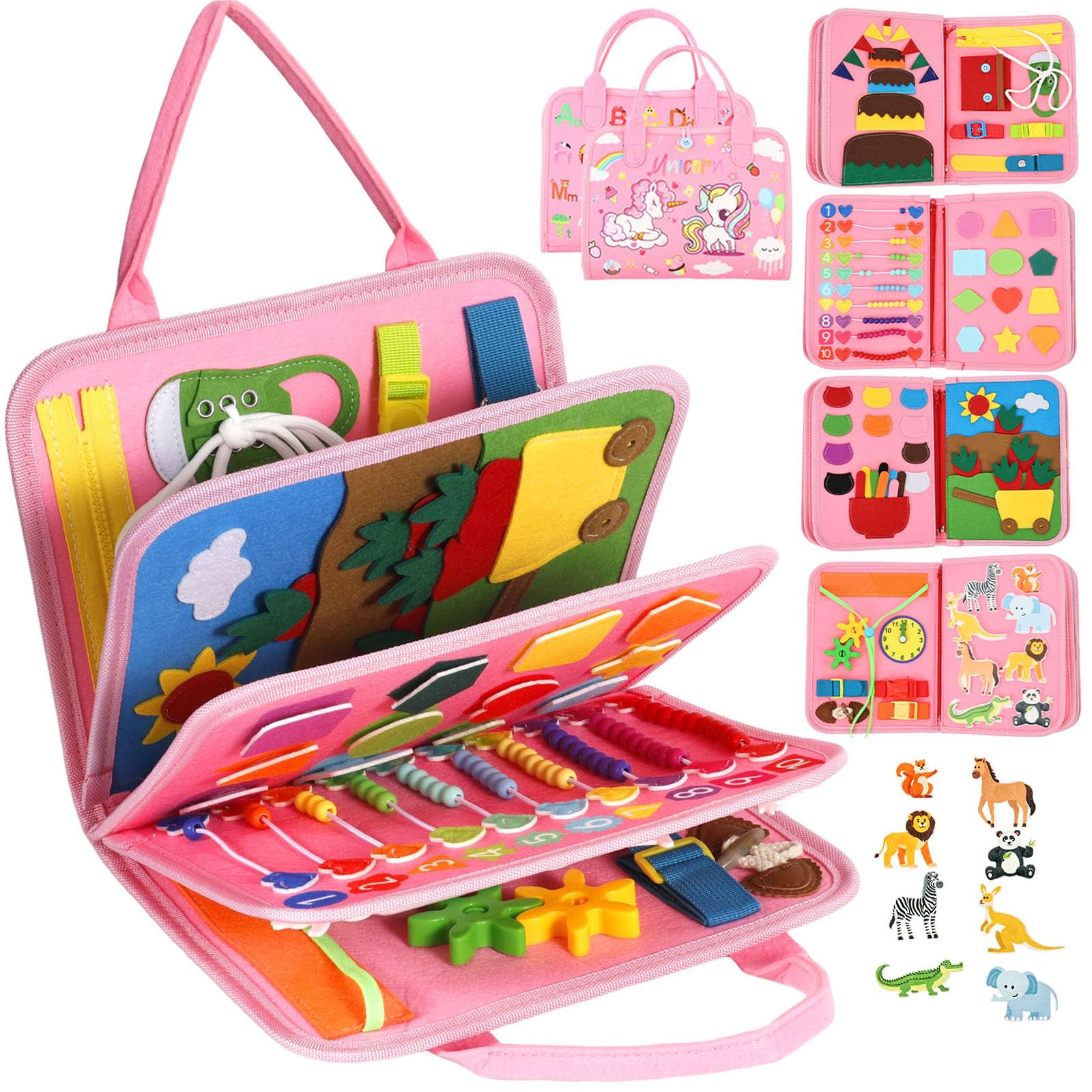 Busy Board for Toddler 1 2 3 Year Old, Felt Quiet Book Sensory Toy Baby Travel Busy Board Preschool Educational Montessori Learning Book for Journey Plane Car, Boys Girls Gift (Pink)