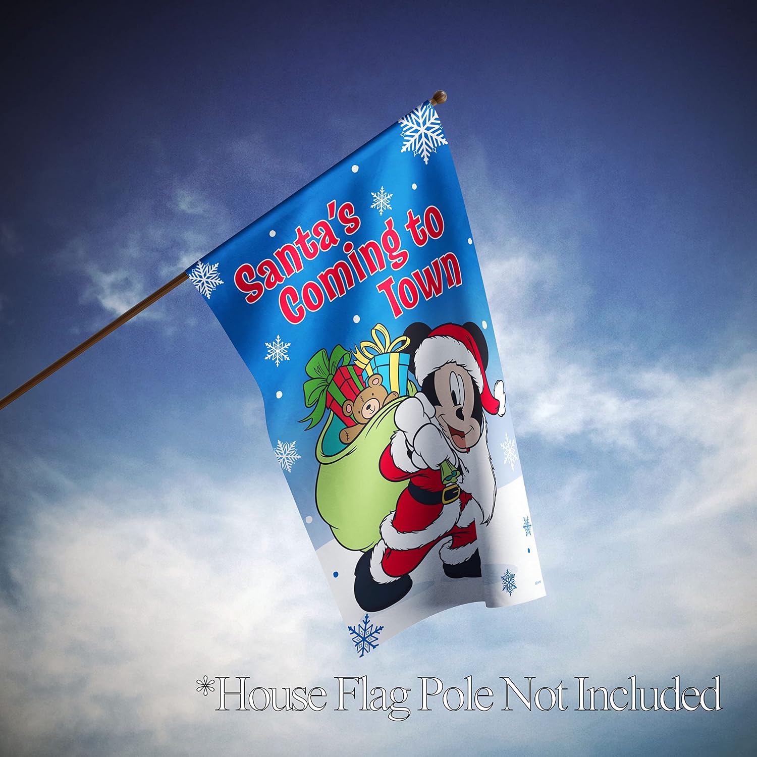 Flagology.com, Disney Santa Mickey's Coming to Town – House Flag 28" x 40", Exclusive Fabric, Officially Licensed Disney, Christmas