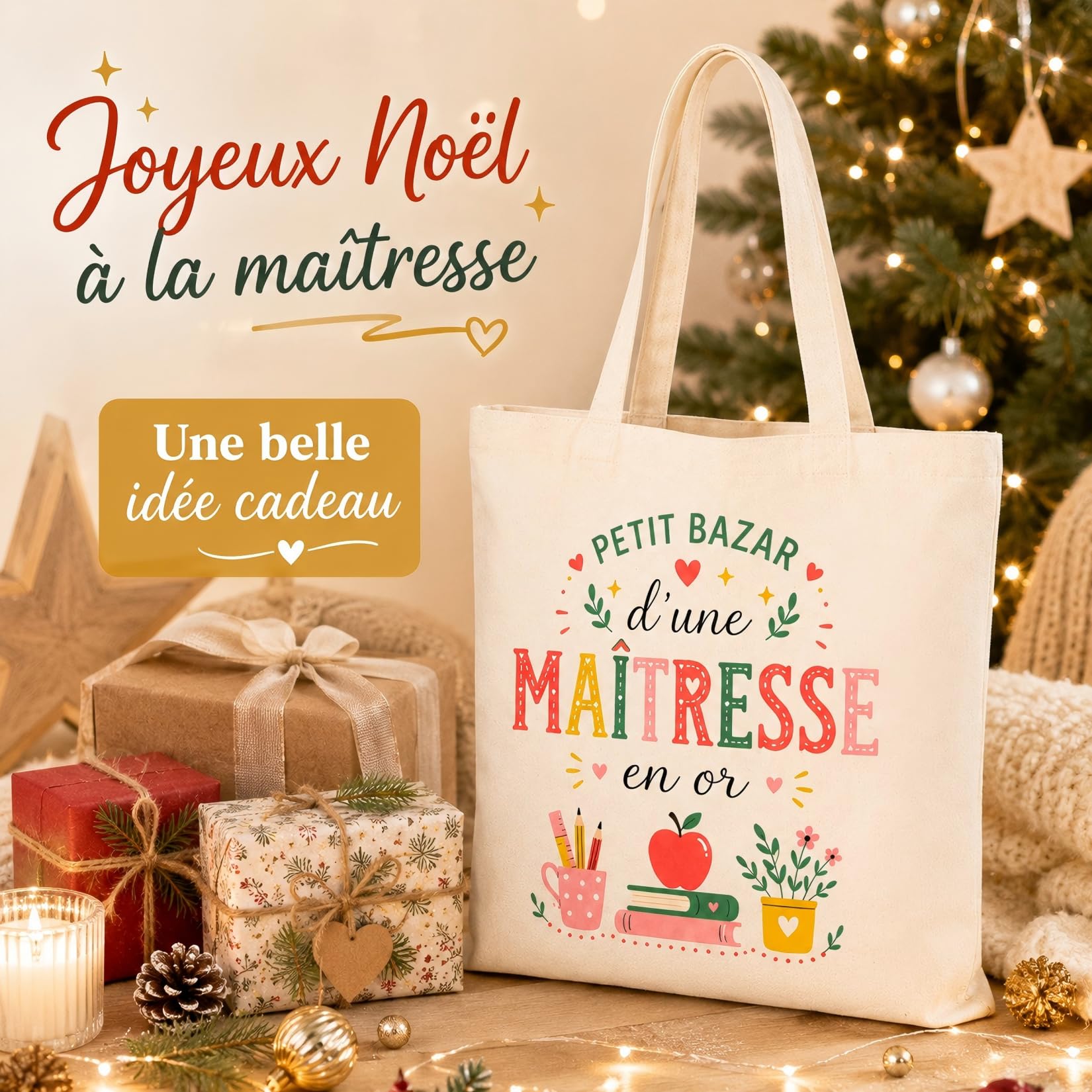 Tote Bag Cadeau Maîtresse d'École, Idée Cadeau Maîtresse Original, Joyeux Noël à la Maîtresse, Sac Cabas Cadeau Fin d'Année et Noël