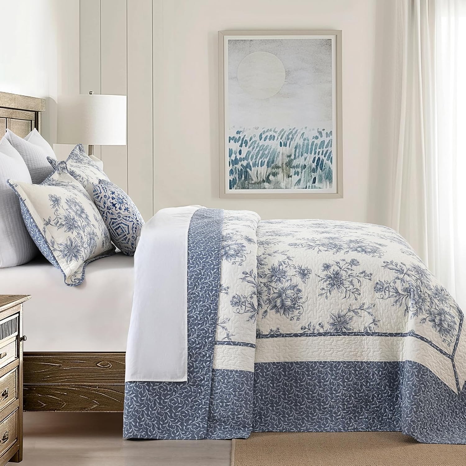 Oversized King Bedspreads 120"x120", 100% Cotton Floral California King Quilt Extra Large Coverlet, Lightweight Farmhouse Quilted Bedding Set 3 Piece, Blue/Cream White - Image 2