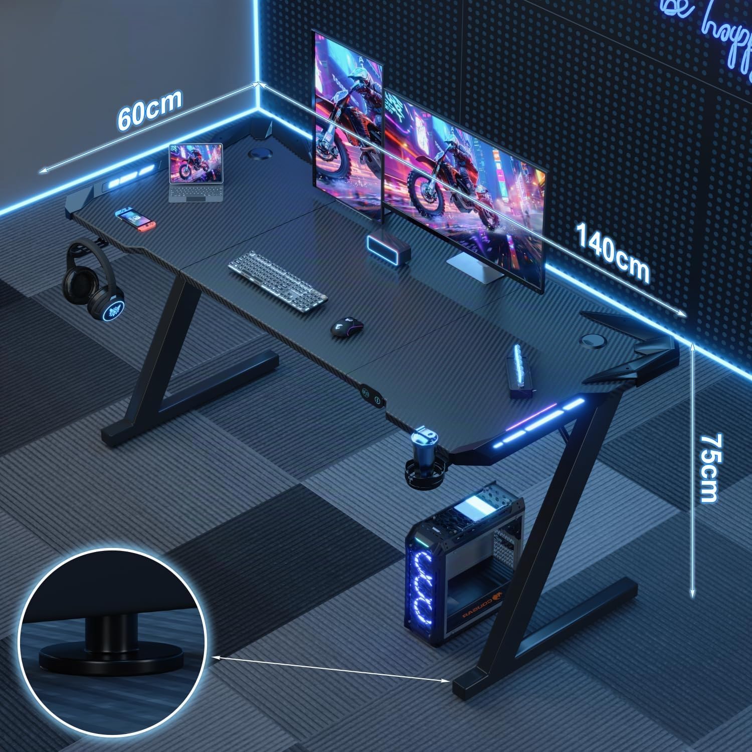 Devoko Escritorio Gaming con Luces LED, 140 x 60cm RGB Mesa Gaming Forma Z, Escritorio de Ordenador Grande con Gancho para Auriculares y Portavasos, Mesa Gamer para Oficina en Casa, Negro