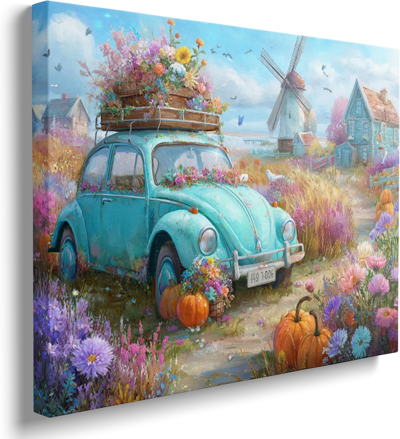 Vintage Floral Car Windmill Fall Picture Wall Decor Framed Retro Autumn Flower Canvas Wall Art Rustic Farmhouse Prints Poster Western Country Painting for Living Room Bathroom Bedroom (16"x24")
