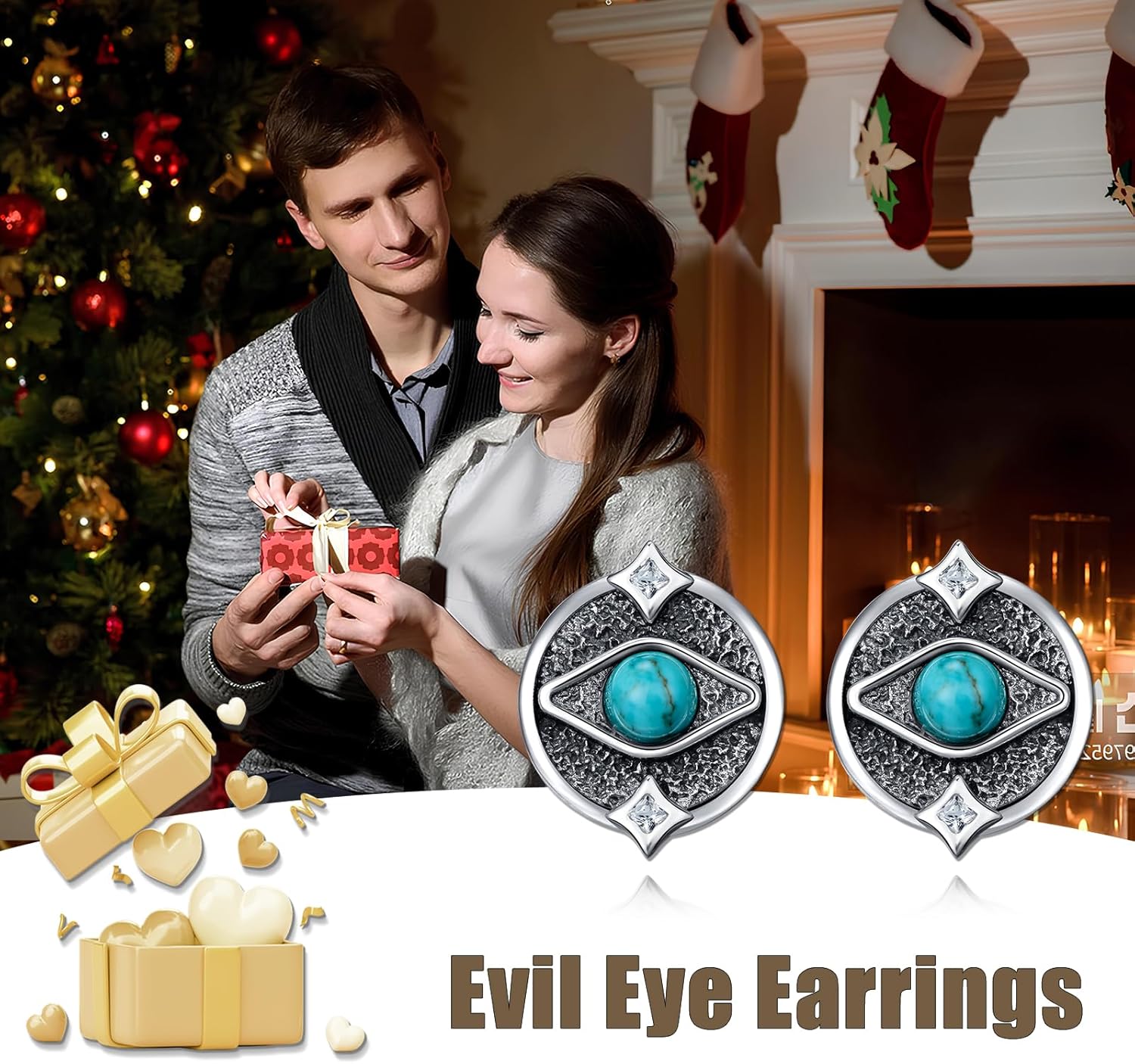 Natural Evil Eye Stud Earrings - Sterling Silver Genuine Turquoise - Women's Jewelry Gifts - Image 6