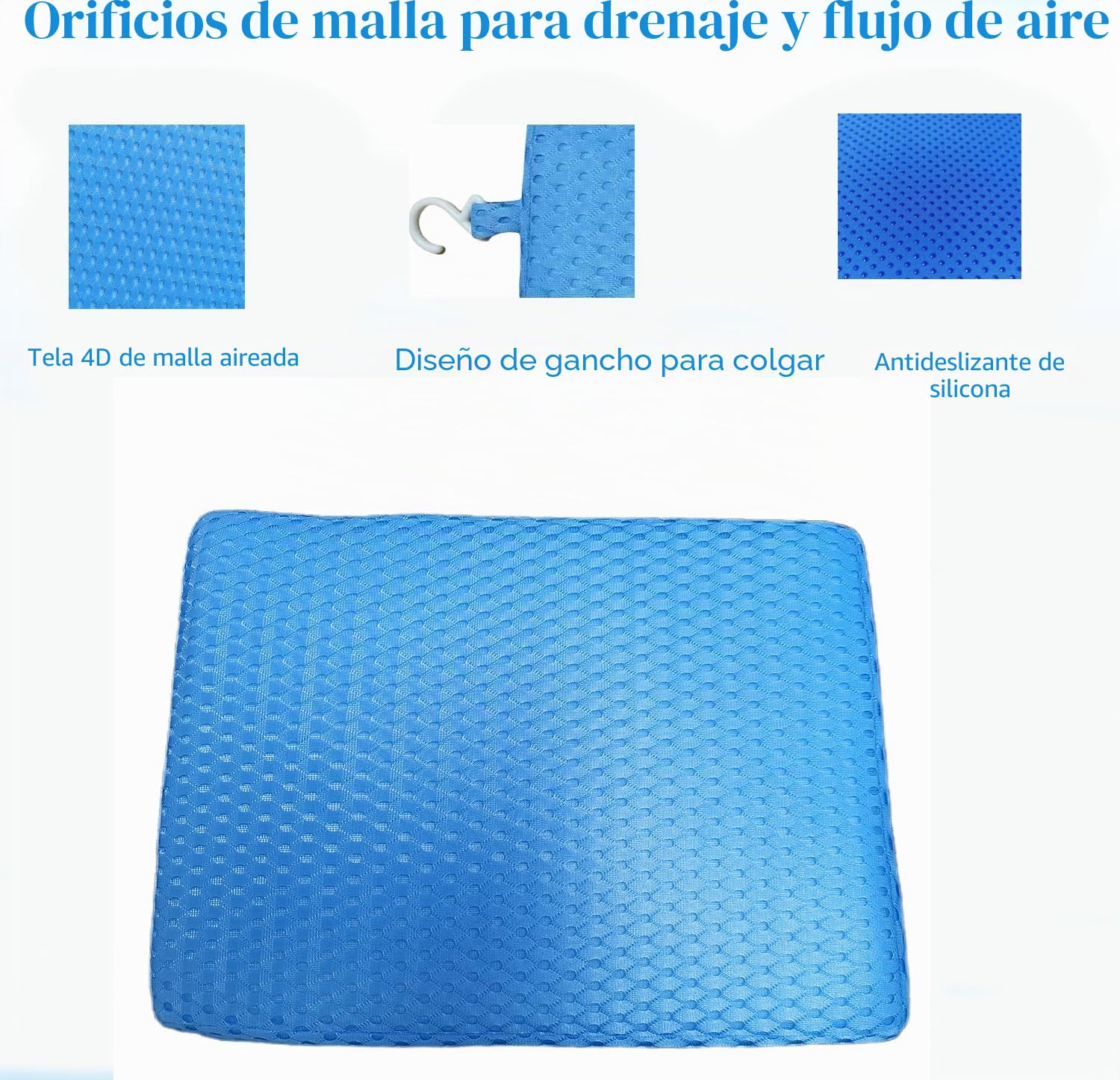 Cojín para Asiento de Ducha, Tela de, Transpirable, Almohadilla de Malla 4D Con Gancho para Sauna, Antideslizante para Personas Mayores, Personas Mayores Y Personas con Discapacidad (Azul, 40*30*6cm)