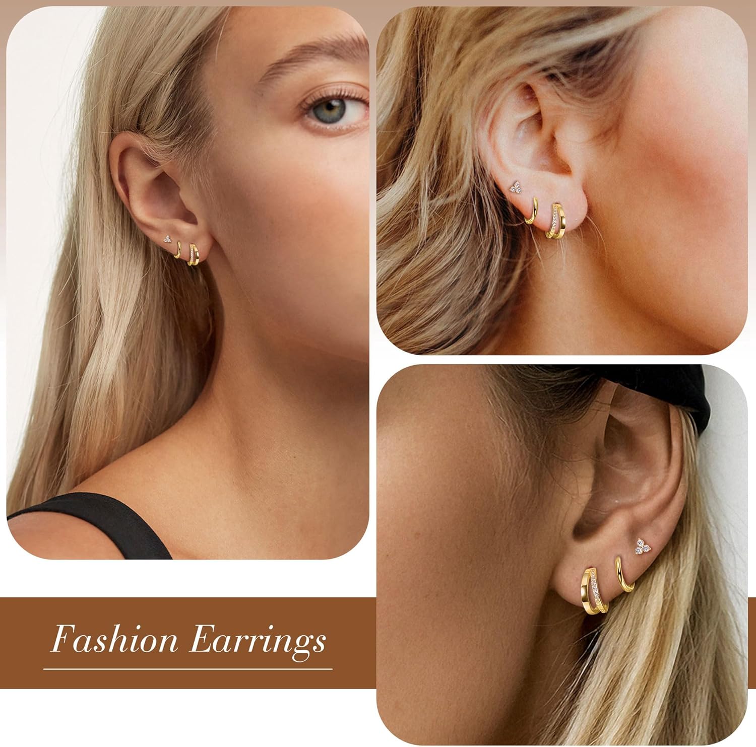 3Pairs 14K Gold Hoop Stud Earrings Set for Women CZ Hypoallergenic Double Small Huggie Hoop Earrings Cartilage Stud Earrings Jewelry for Multiple Piercing - Image 6