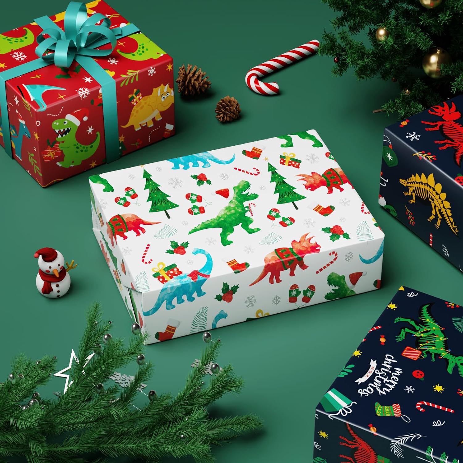 WERNNSAI Christmas Dinosaur Wrapping Paper Set - 10 Sheets 20" x 27" Dino Christmas Wrapping Paper Kids Xmas Gift Packing Supply for Boy Dino Theme Birthday Party Red Black Xmas Decor