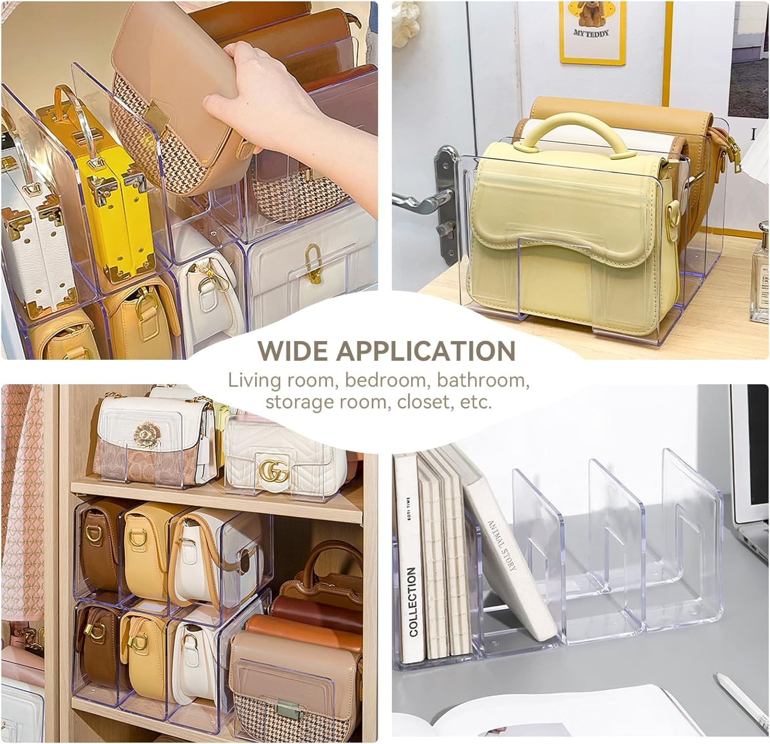 MEISO 2 Pezzi Organizer Armadio, Divisori per Borse Armadio Organizer, Porta Borse da Armadio A 4 Slot per Camera da Letto, Guardaroba, Libreria, Cucina, Stoccaggio E Organizzazione (Trasparente)