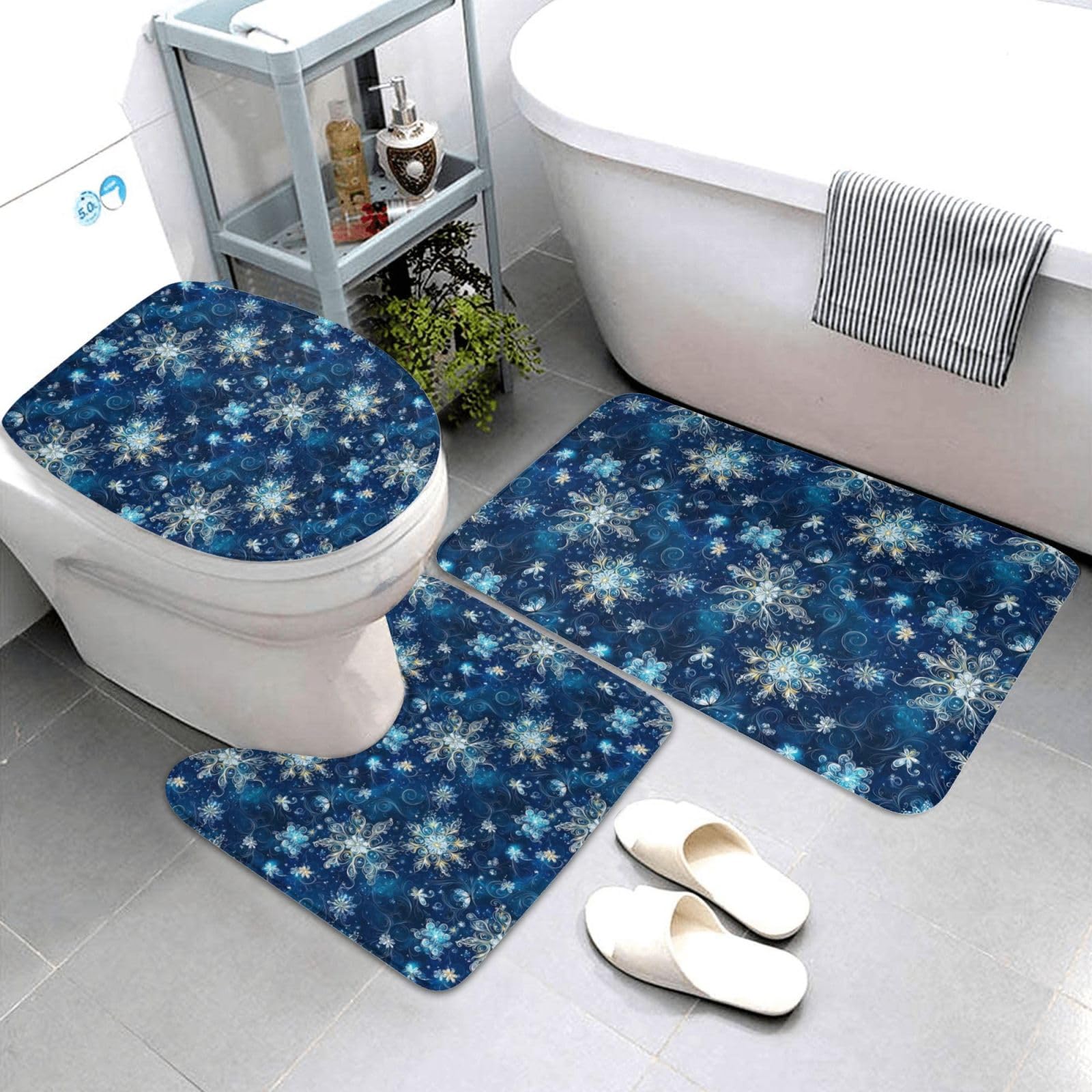 Tapis de salle de bain doux imprimé flocons lot de 3 confort thermique doux