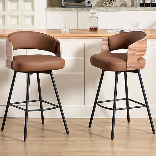 Miniatura 7 de Juego de 2 taburetes de bar giratorios de madera curvada de 26 pulgadas de altura de mostrador, taburetes de bar tapizados de piel sintética con