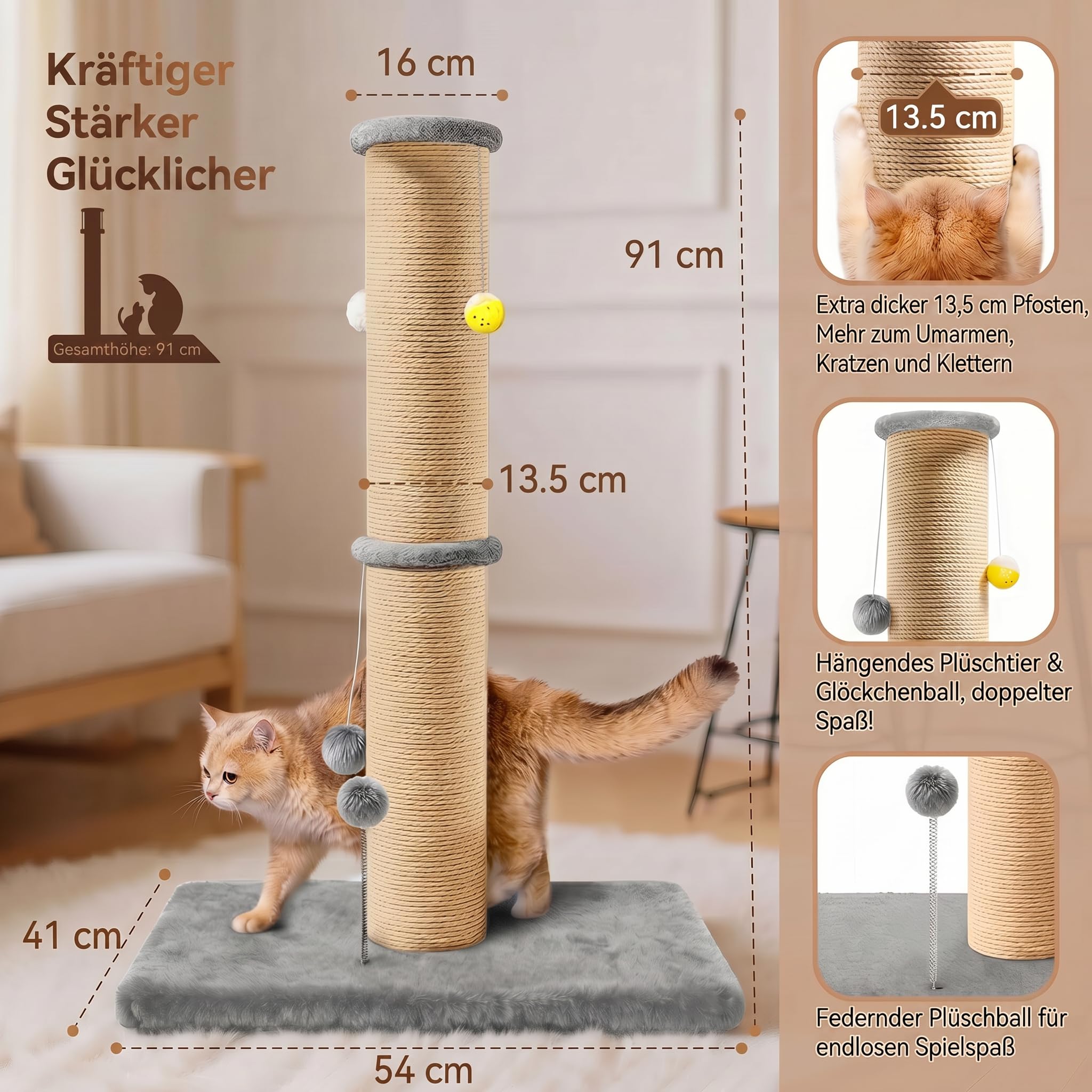 Sisal Kratzbaum 13,5 cm Dick, 91 cm Hoher Kratzturm mit Oberer Plattform und Extra Stabilem Sockel (54 × 41 cm), Strapazierfä Higer Kratzbaum für Wohnungskatzen, Grau